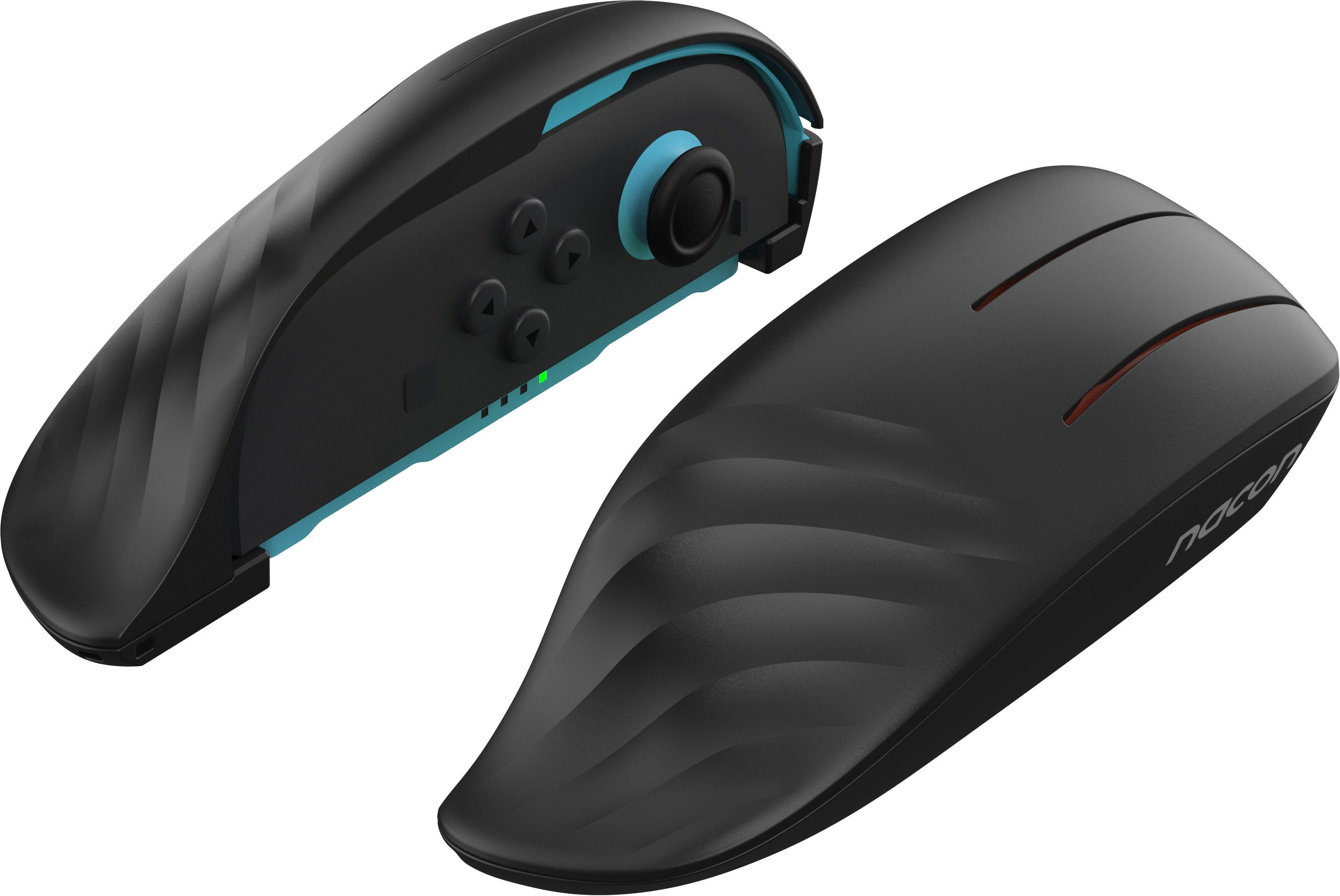 Dos mandos de juego negros. Uno es un agarre con botones y un joystick. El otro tiene forma de ratón.