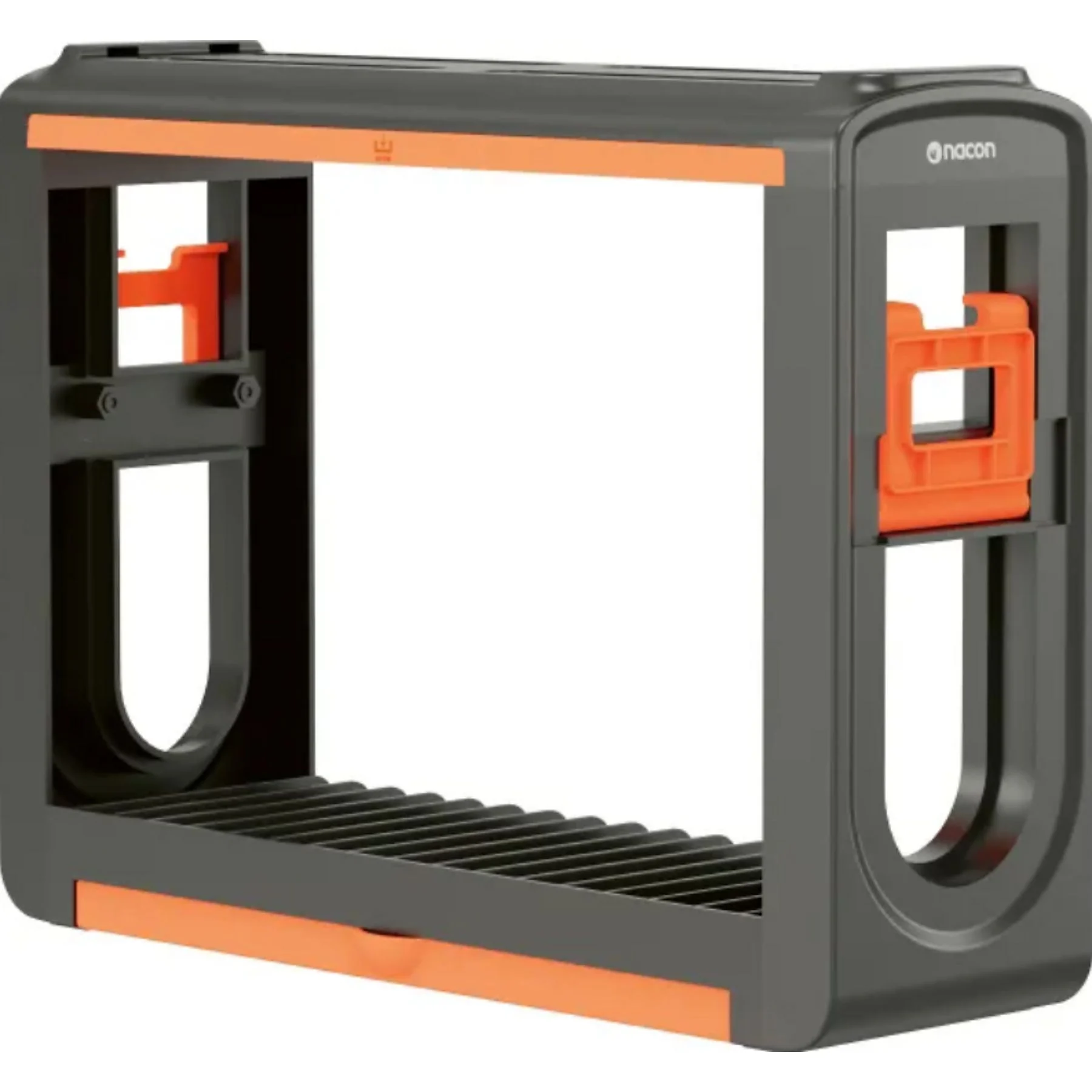 Un escurreplatos de plástico gris y naranja. Tiene ranuras para platos y detalles en naranja.