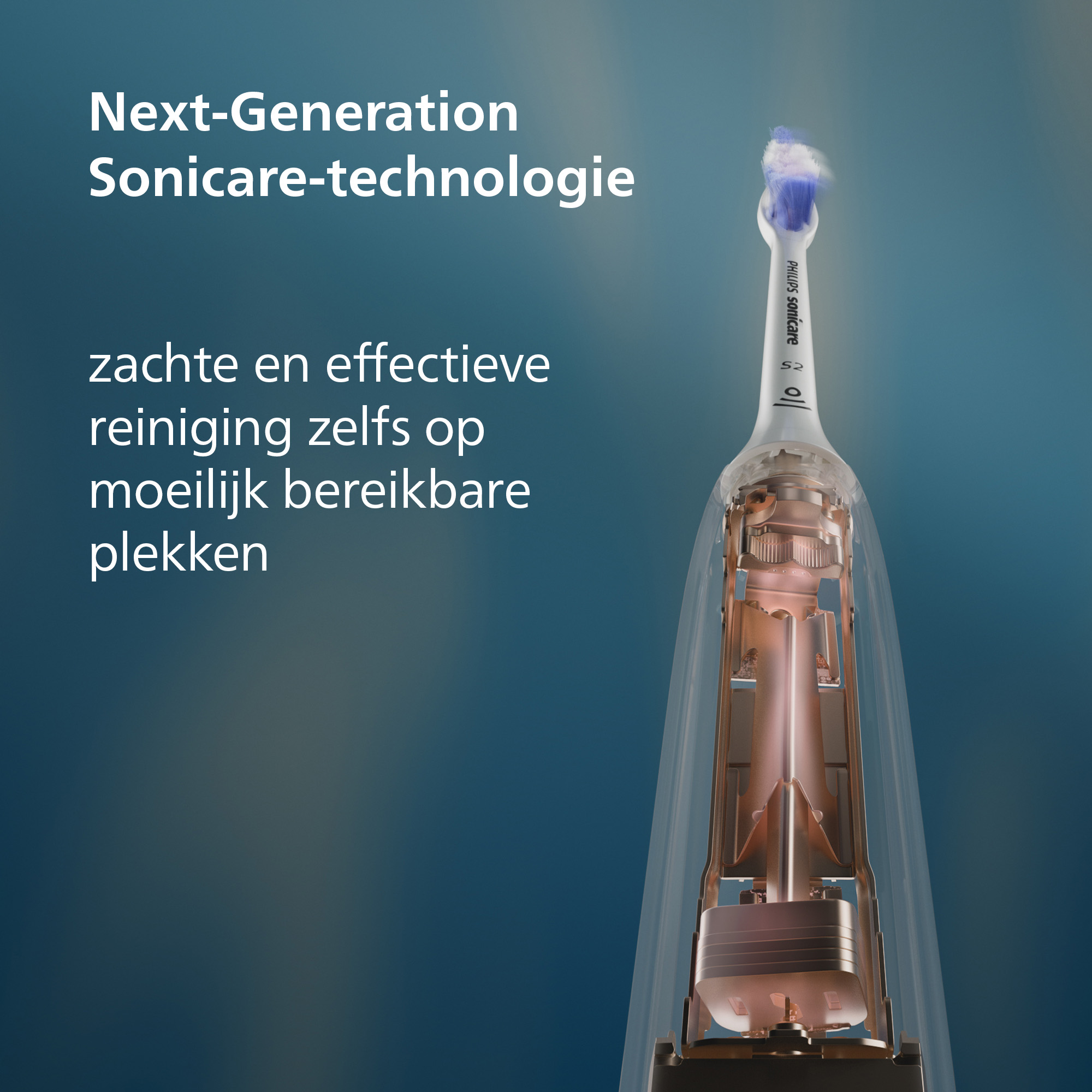 An electric toothbrush, with a transparent view revealing its internal components, with text in Dutch.