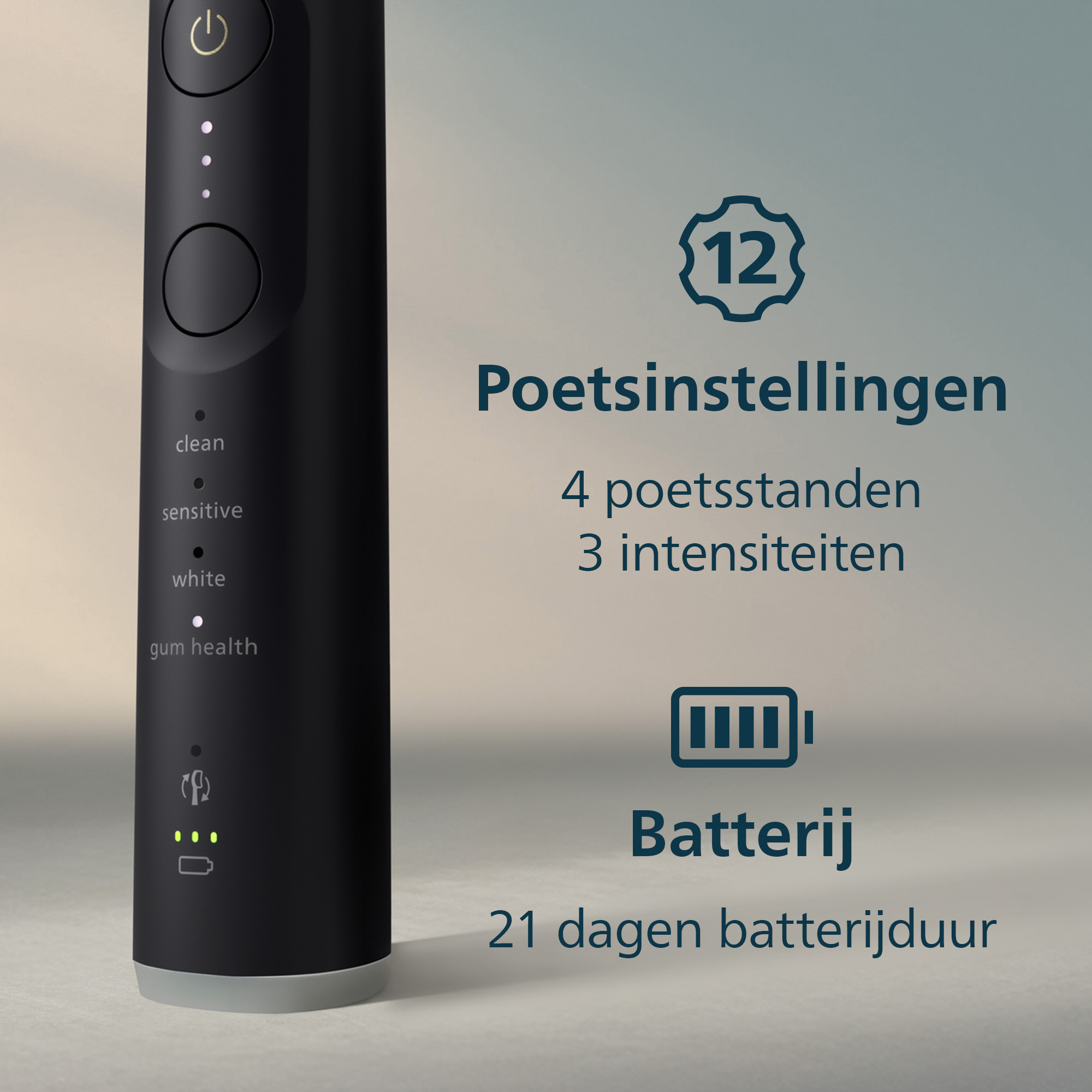 Black electric toothbrush with settings and battery life information. Features include clean, sensitive, white, and gum health modes.