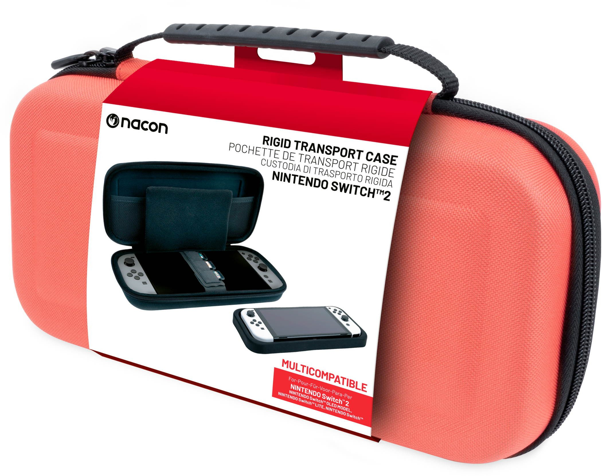 Una funda Nintendo Switch de color coral con asa negra. Tiene una etiqueta blanca con texto e imágenes de la consola.