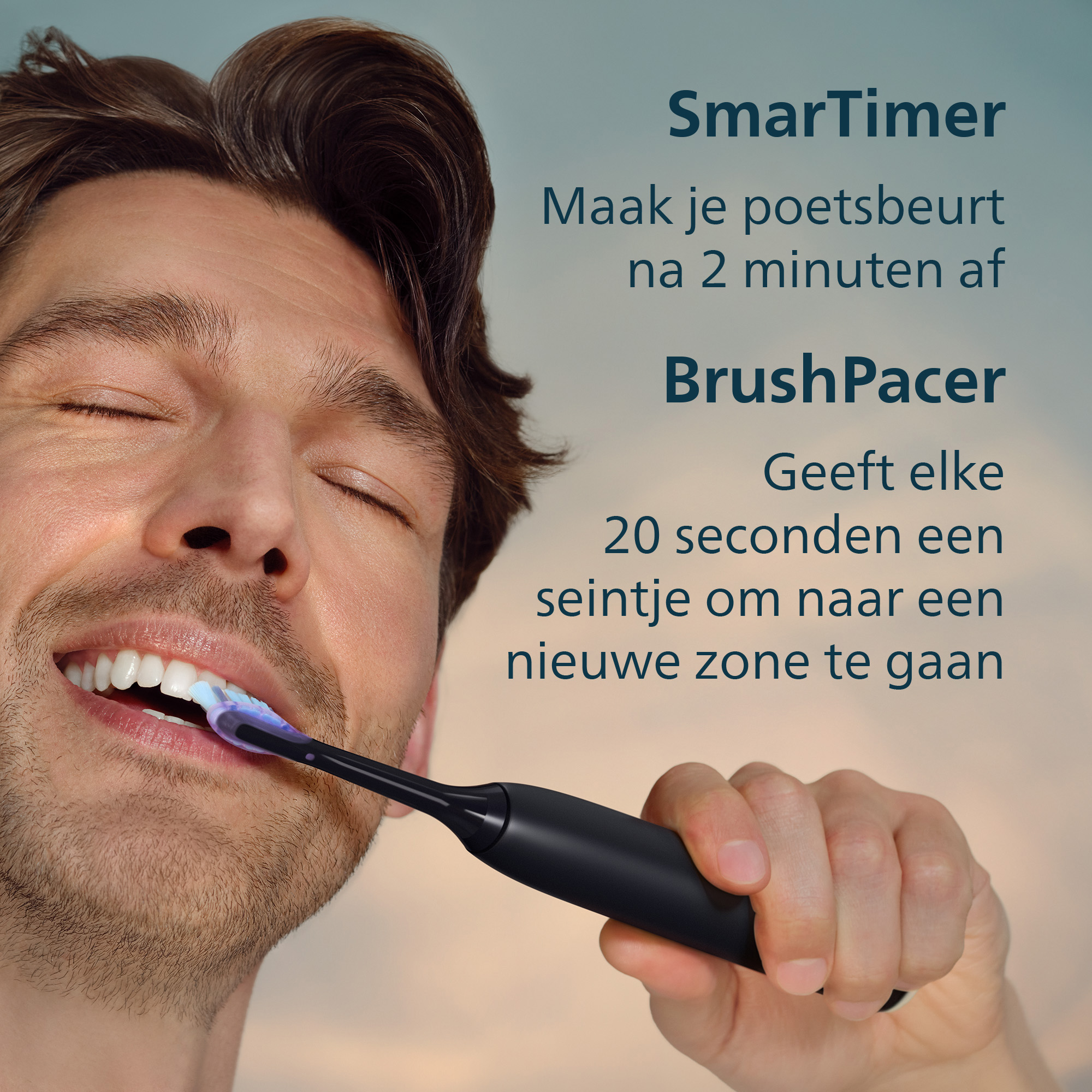 Man brushing teeth with a black electric toothbrush. Text: SmarTimer, BrushPacer. Background: sky.