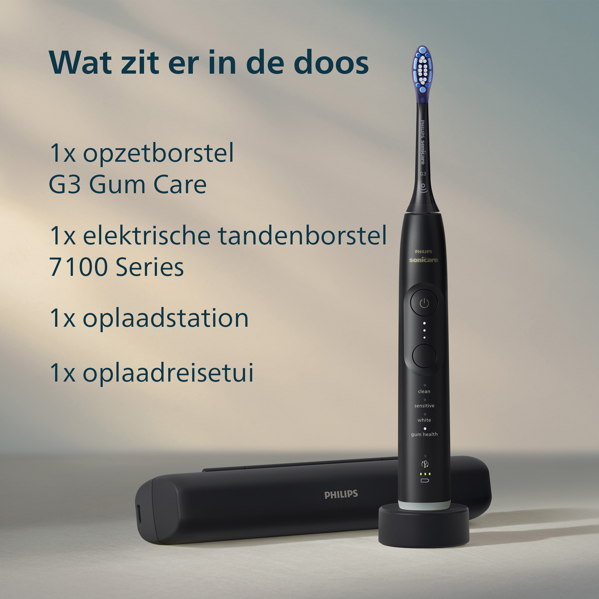 Black electric toothbrush with charger and travel case. Text reads 'What's in the box' and lists the items.