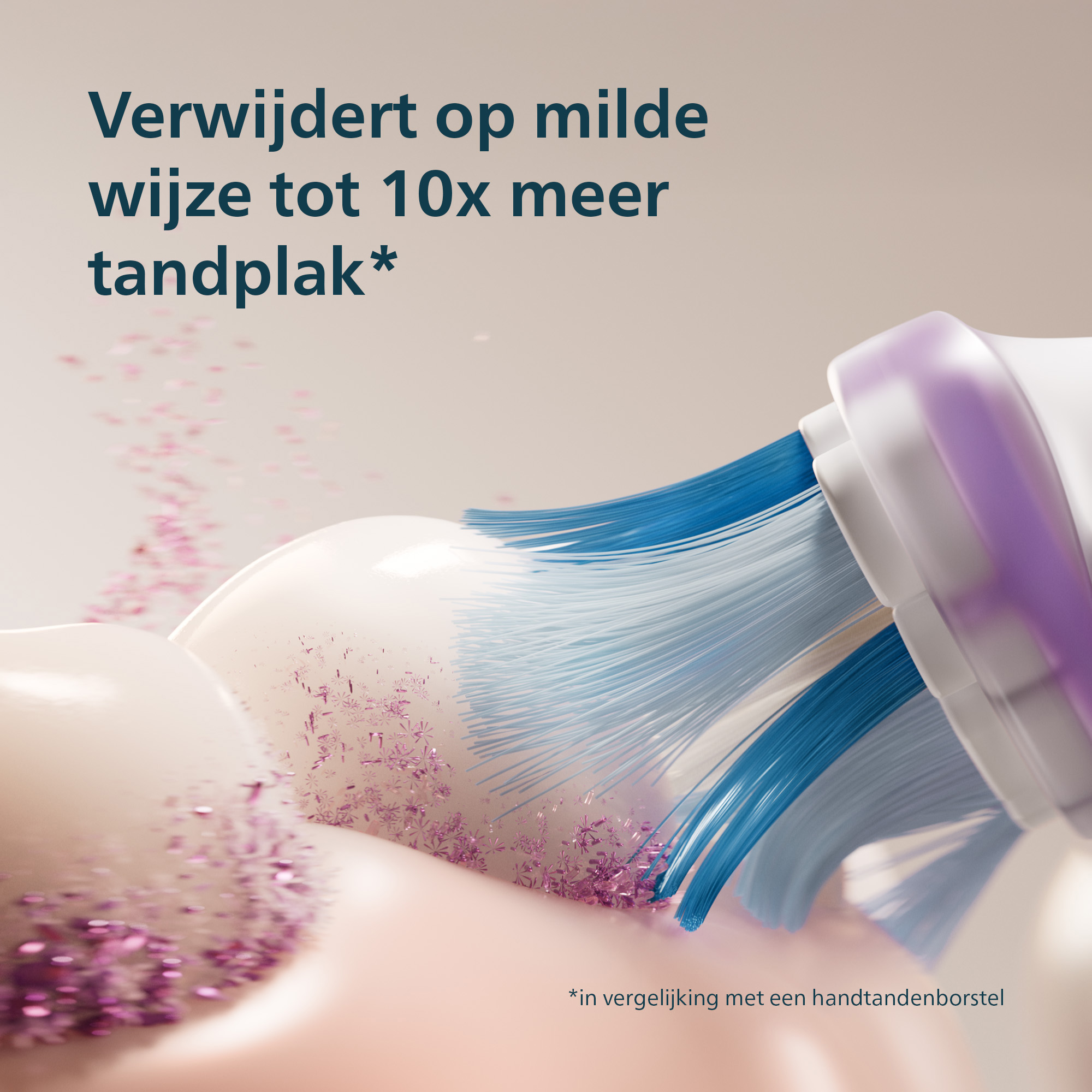 Close-up of a toothbrush head with blue and white bristles. Text says 'Removes up to 10x more plaque'.