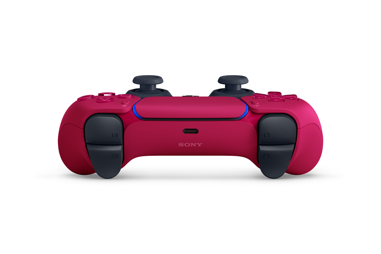 Un mando DualSense magenta de PlayStation 5 con detalles negros sobre fondo blanco. El logotipo de Sony es visible.
