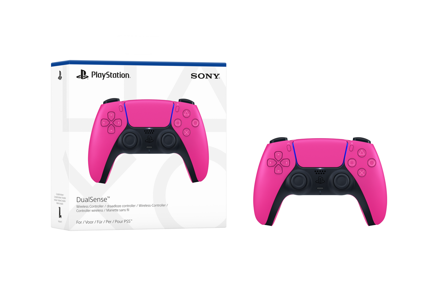 Un mando DualSense PS5 rosa, en su caja, y un mando independiente se muestran sobre un fondo blanco.