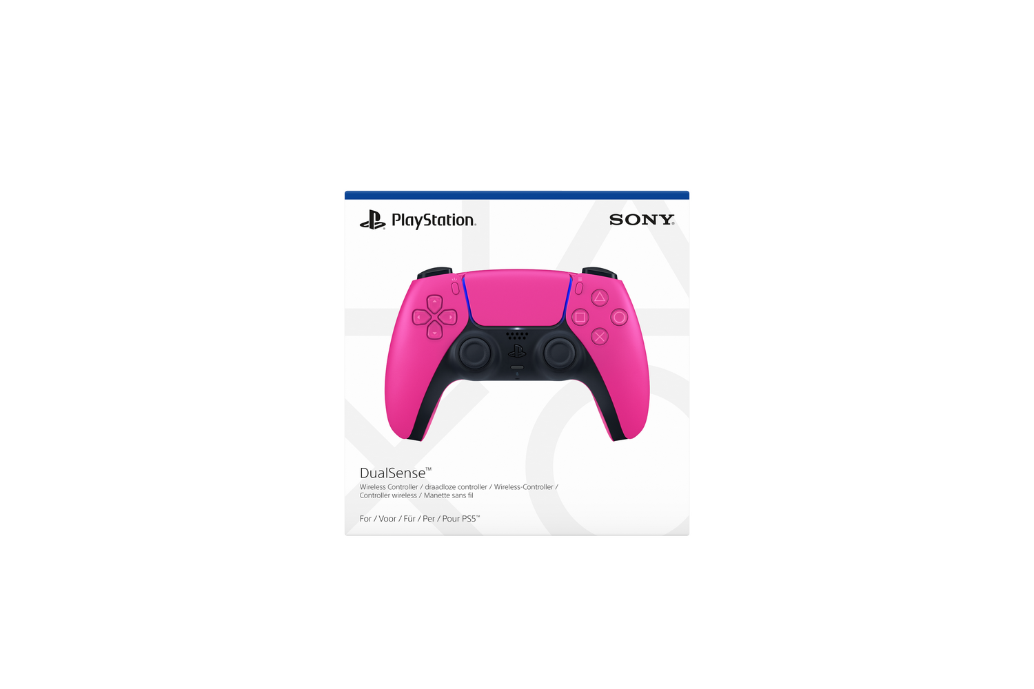 Un mando inalámbrico DualSense rosa de PlayStation para PS5. El mando está centrado sobre un fondo blanco.
