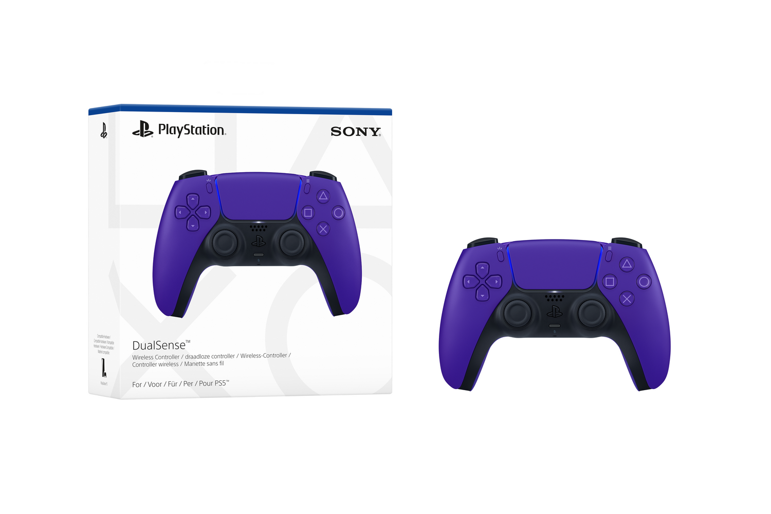 La imagen muestra un mando DualSense morado para PS5 y su caja, sobre un fondo blanco.