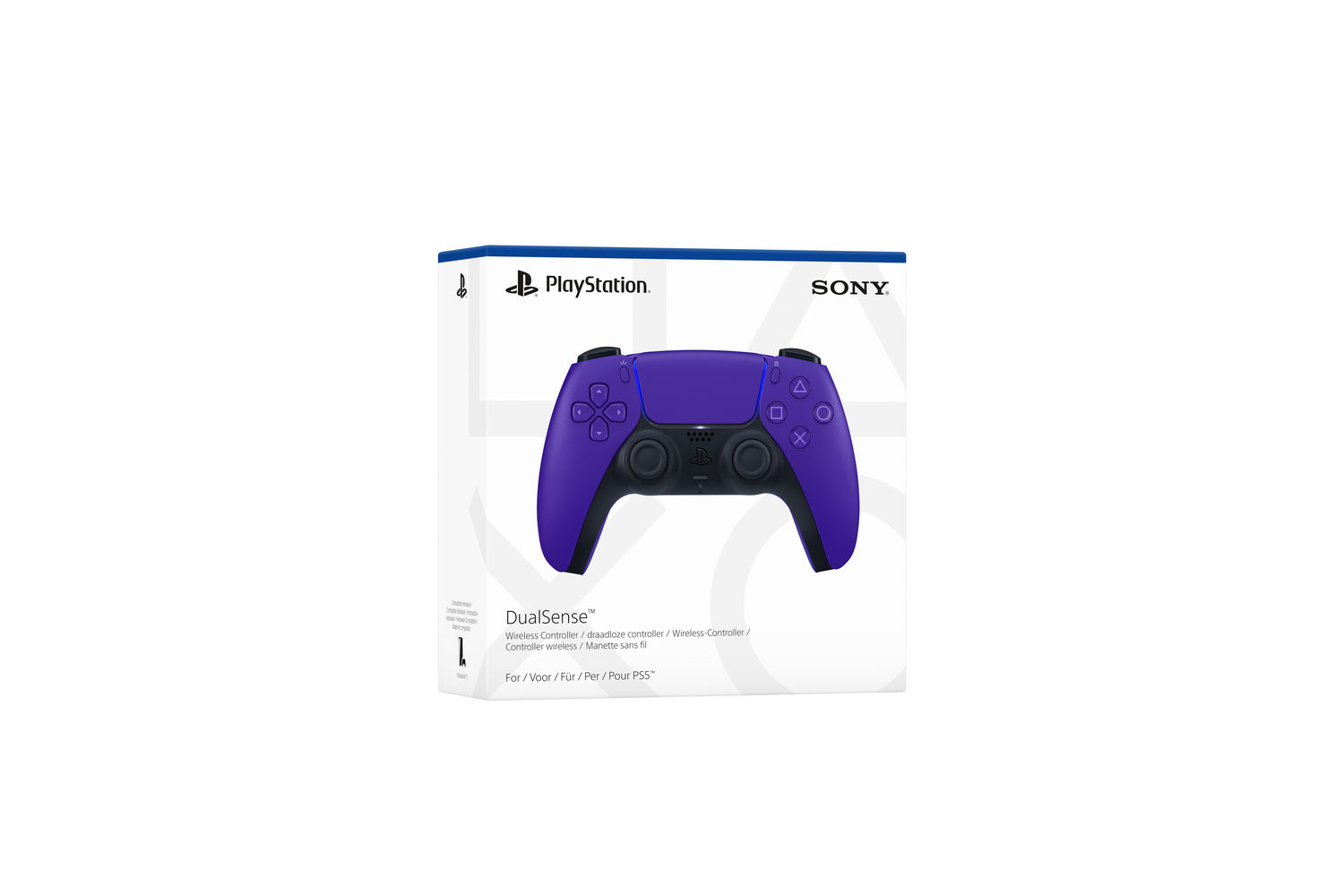 Un mando inalámbrico DualSense morado para PlayStation 5, en su caja sobre un fondo blanco.