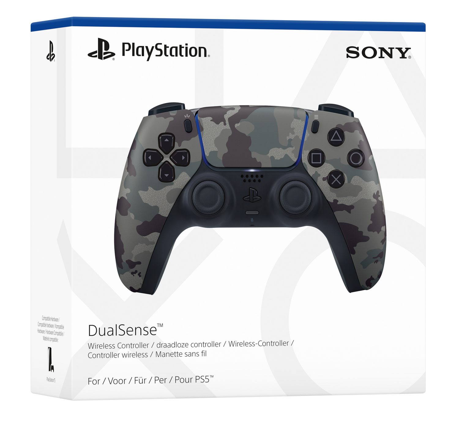 Un mando inalámbrico DualSense de PlayStation 5 con un patrón de camuflaje se muestra en su caja. La caja tiene los logotipos de PlayStation y Sony.