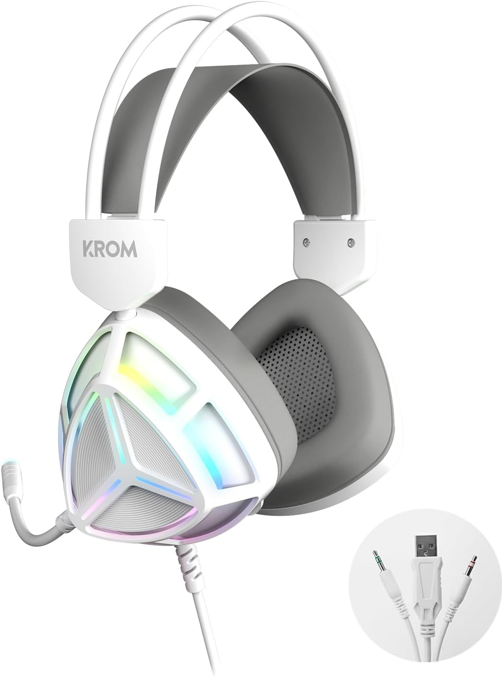Auriculares gaming blancos y grises con micrófono. Incluye cables USB y jack de audio. Los auriculares tienen luces RGB.
