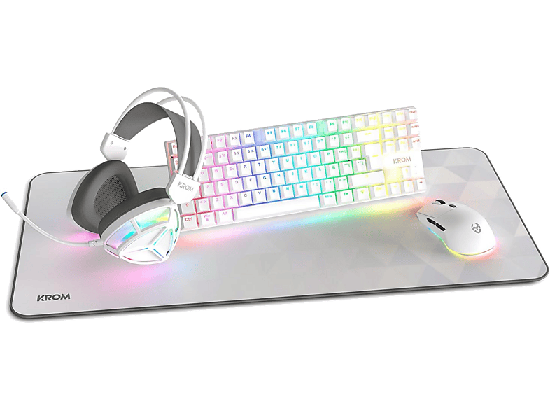 Pack gaming - Krom Klass 4 en 1: Teclado mecánico RGB, Ratón óptico 7200 dpi, Auriculares de diadema con micrófono, Alfombrilla XXL, Por cable, Blanco