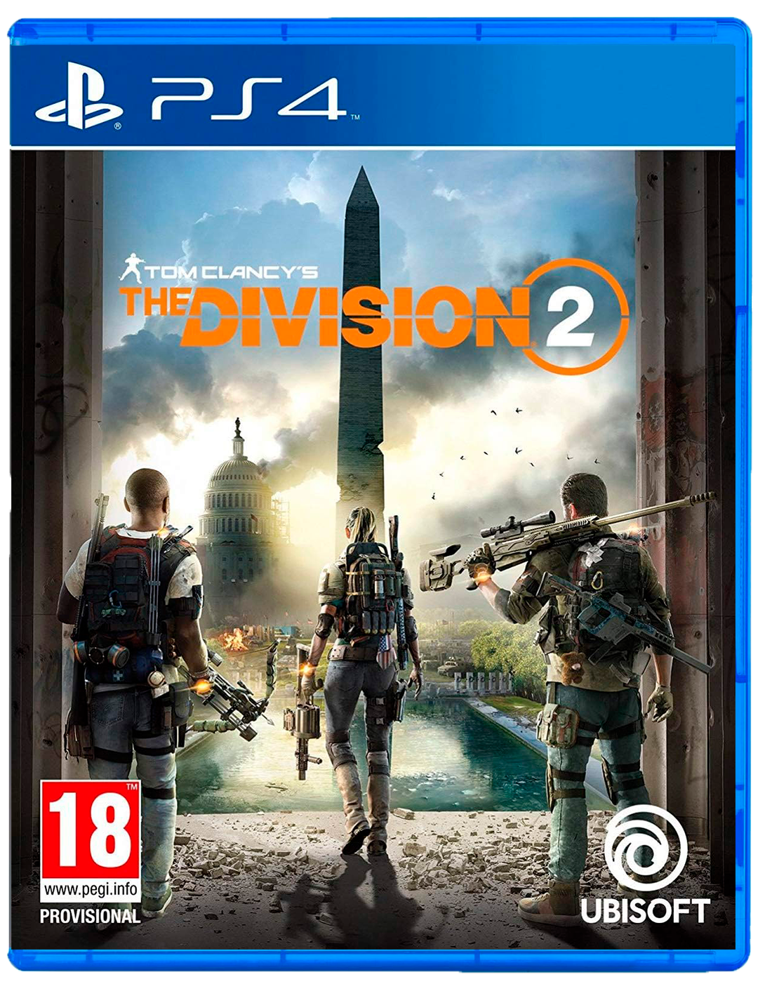 Portada del juego The Division 2. Tres figuras con armas miran hacia el Monumento a Washington y el Capitolio.