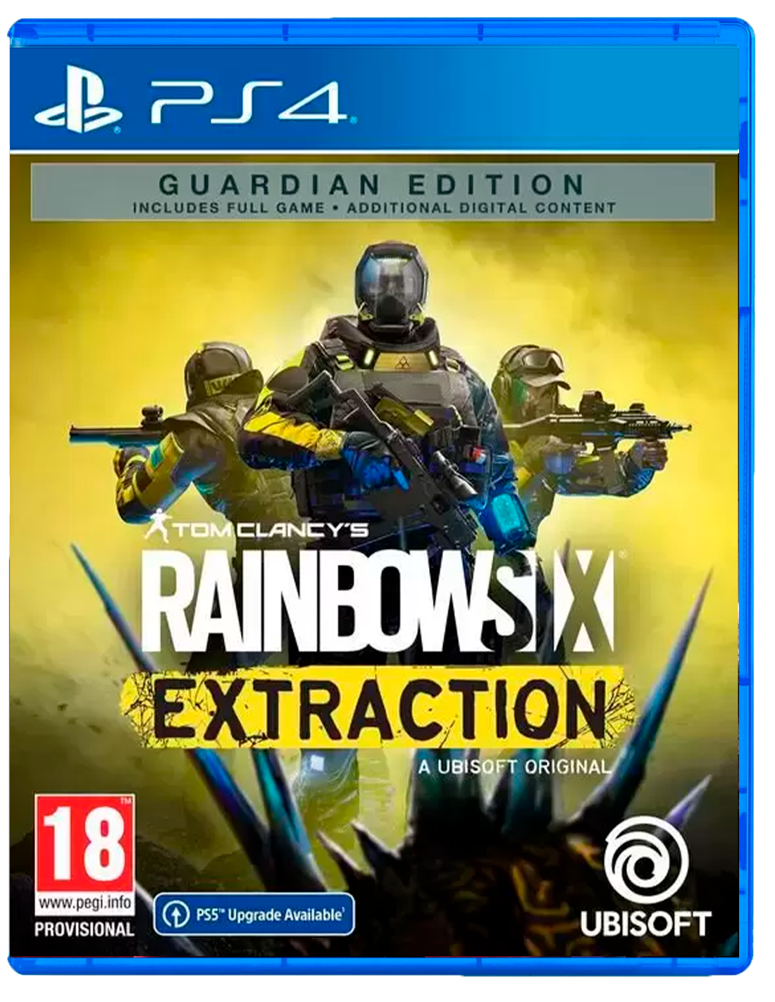 Portada del juego PS4 de Rainbow Six Extraction. Presenta tres soldados con armas. El texto incluye el título del juego y la clasificación por edad.