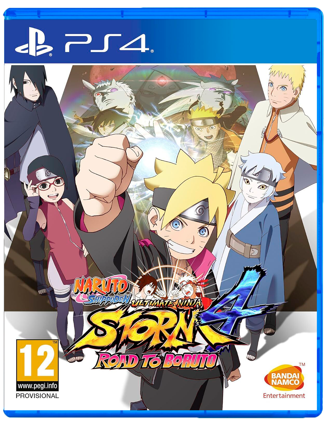 La portada del juego de PS4 presenta personajes de anime. Boruto en primer plano, Naruto, Sasuke y otros en el fondo. Título: Naruto Shippuden Ultimate Ninja Storm 4.