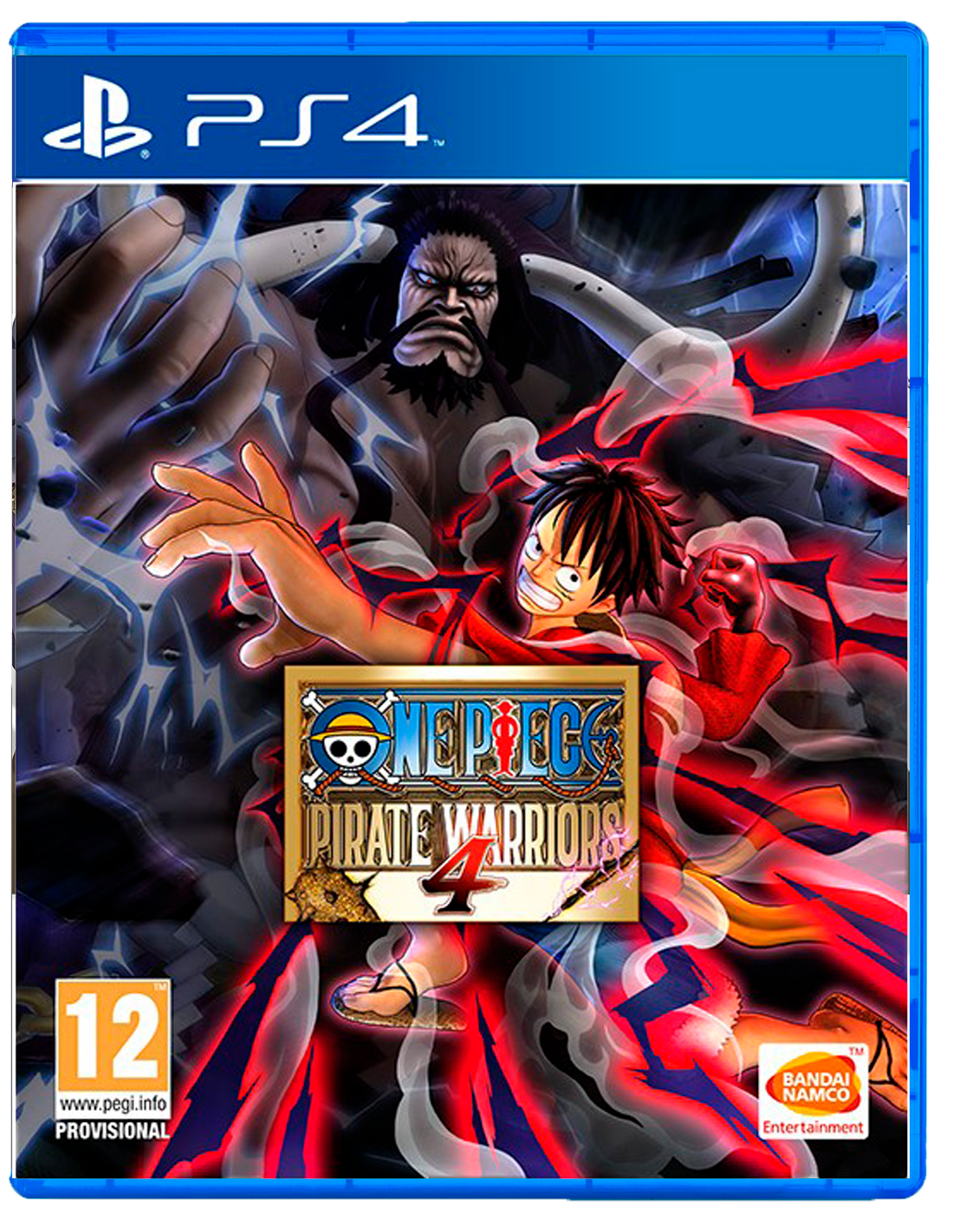 Portada del juego PS4 de One Piece Pirate Warriors 4. Luffy en primer plano, con otros personajes y detalles del logo visibles.