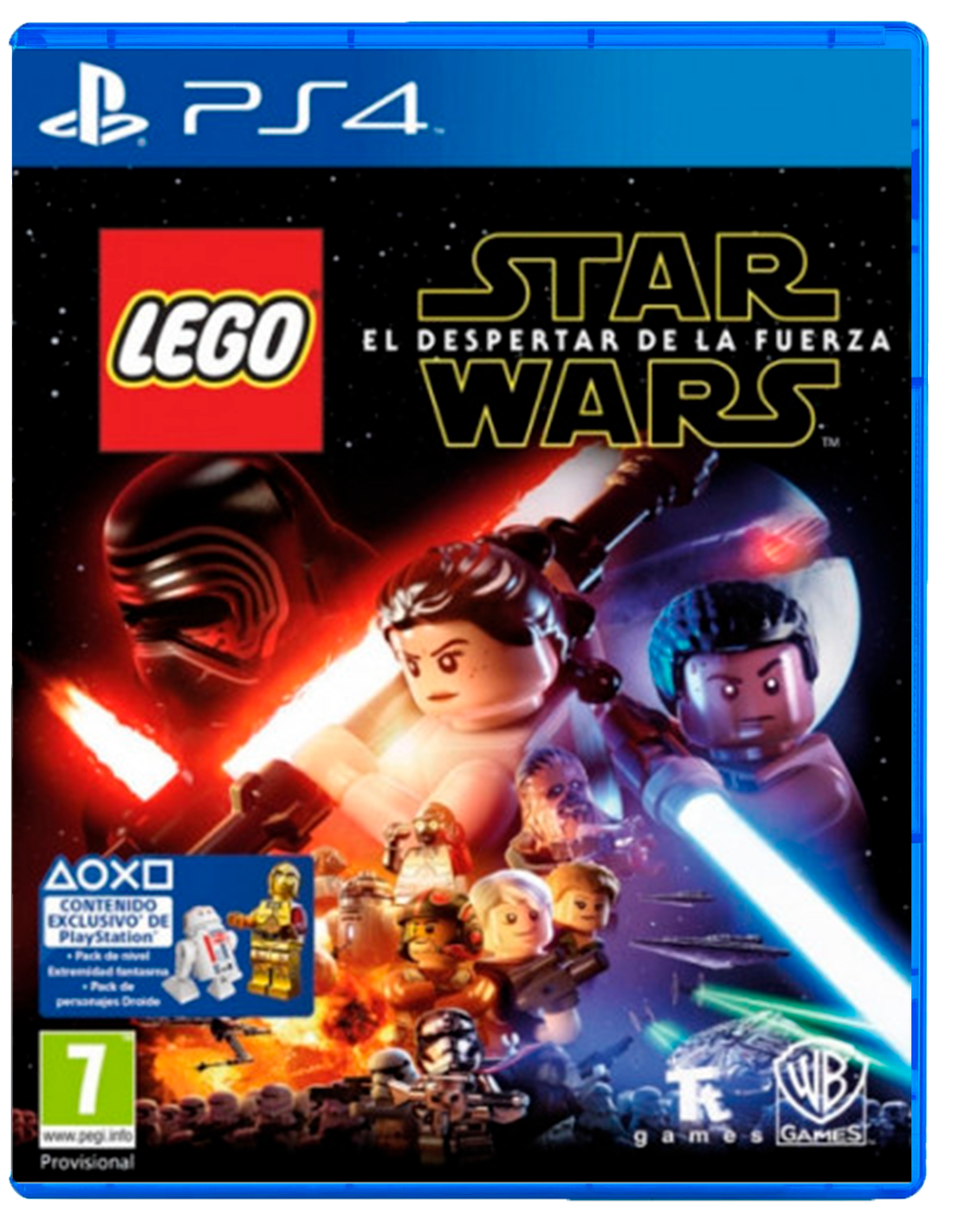 Portada del juego Lego Star Wars PS4. Presenta figuras de Lego, sables de luz y el logo de Star Wars. El fondo tiene estrellas y un borde azul.