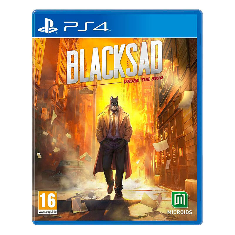 Portada del juego Blacksad para PS4. Una figura enmascarada con gabardina camina por una calle. Edificios y papeles al fondo.