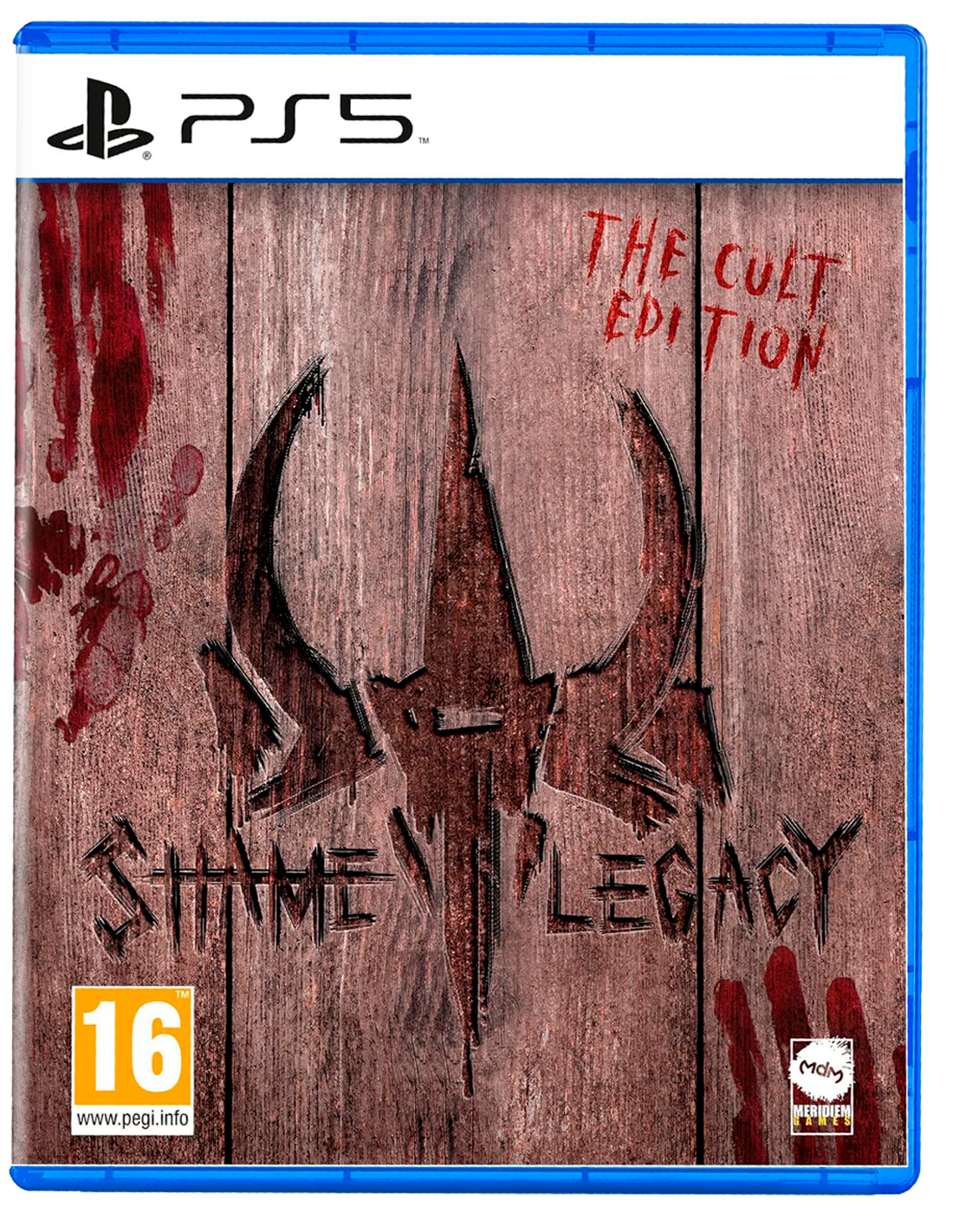 Portada del juego PS5. Título 'Shame Legacy', con un emblema gótico sobre fondo de madera con manchas de sangre y 'The Cult Edition'.