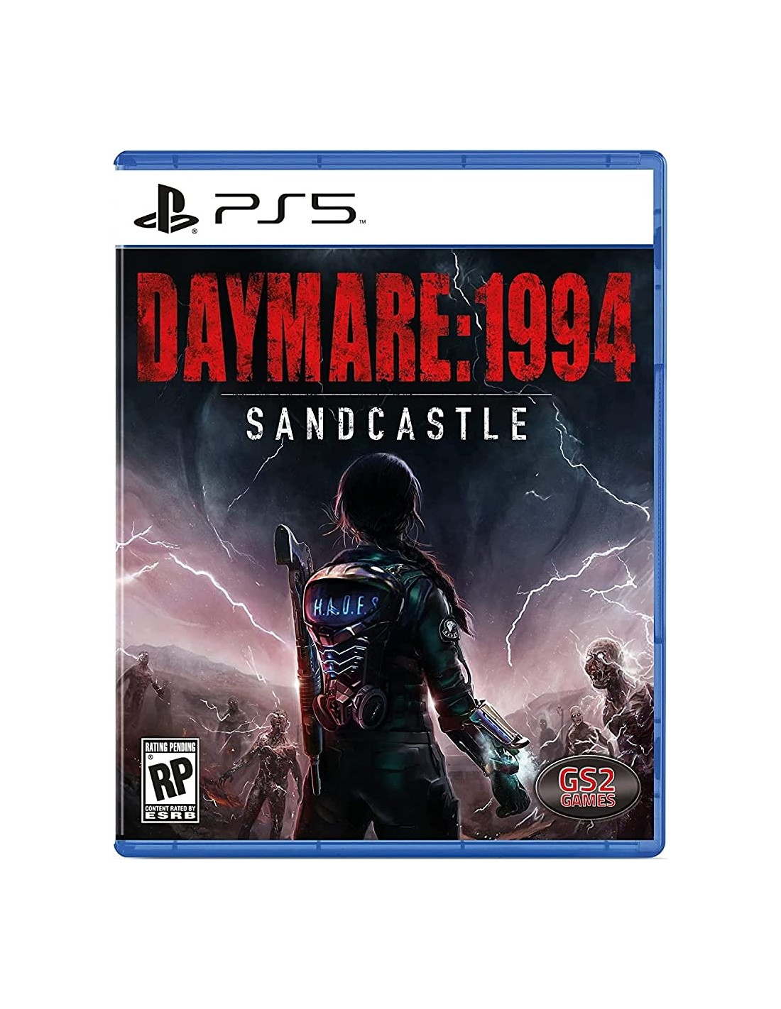 Portada del juego Daymare: 1994 Sandcastle. Muestra a una mujer con un arma de espaldas, zombis, relámpagos y un fondo oscuro.