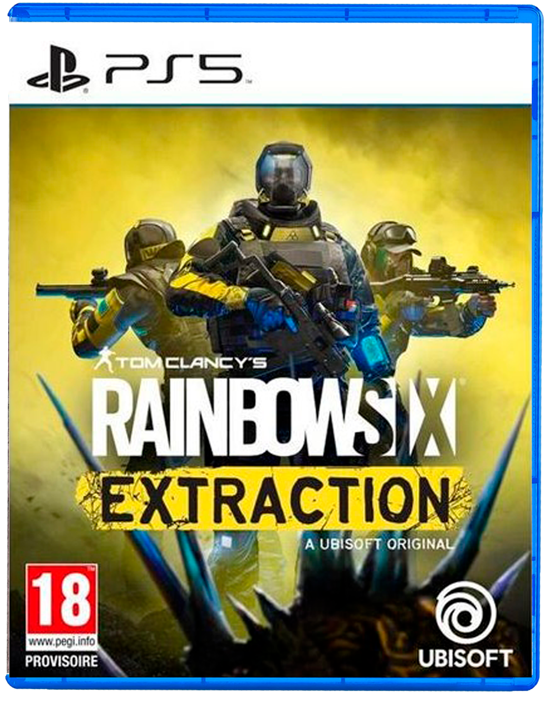 Portada del juego. Tres soldados con armas. Título: Tom Clancy's Rainbow Six Extraction. Logotipo de Ubisoft y PS5 visibles.