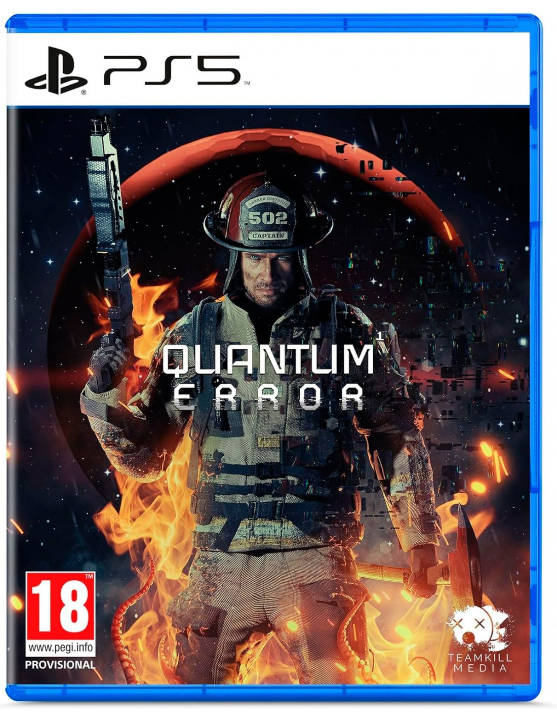 Portada del juego. Un bombero con una pistola y un hacha, rodeado de llamas. Título: Quantum Error. Logotipo de PS5 arriba a la izquierda.