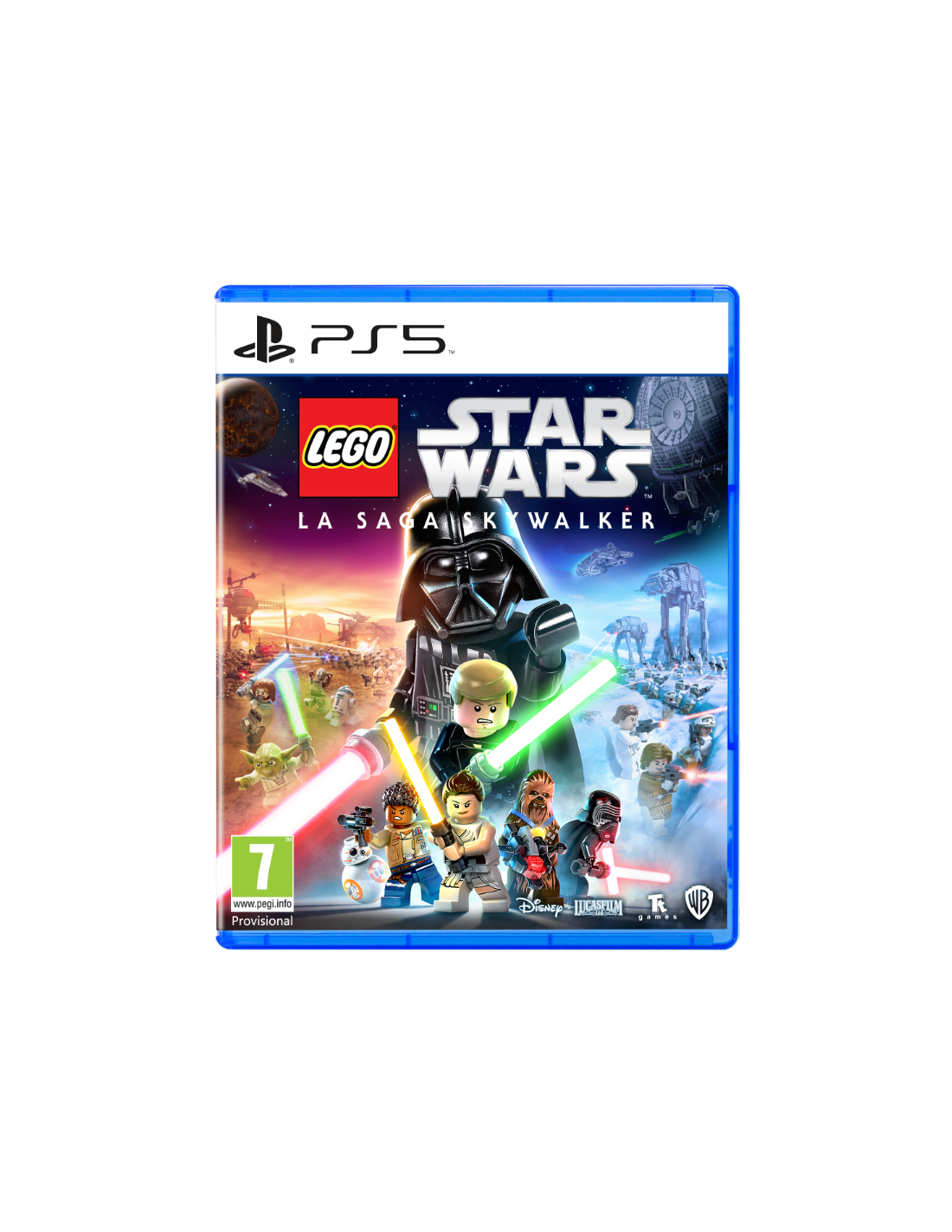 Caja del juego Lego Star Wars: The Skywalker Saga. Darth Vader, personajes Lego con sables de luz. Logotipo de PS5.
