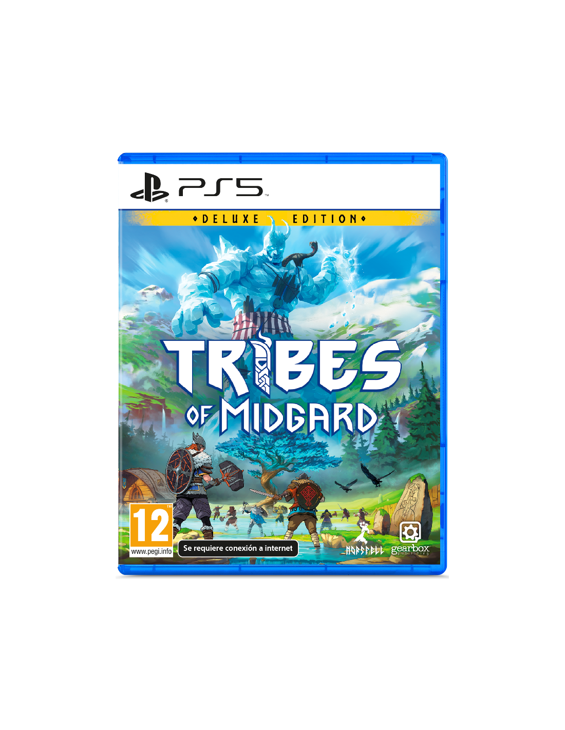 Portada del juego PS5. Título: Tribes of Midgard. Una figura gigante de hielo en la parte superior. Vikingos luchan abajo. Montañas y bosque al fondo.