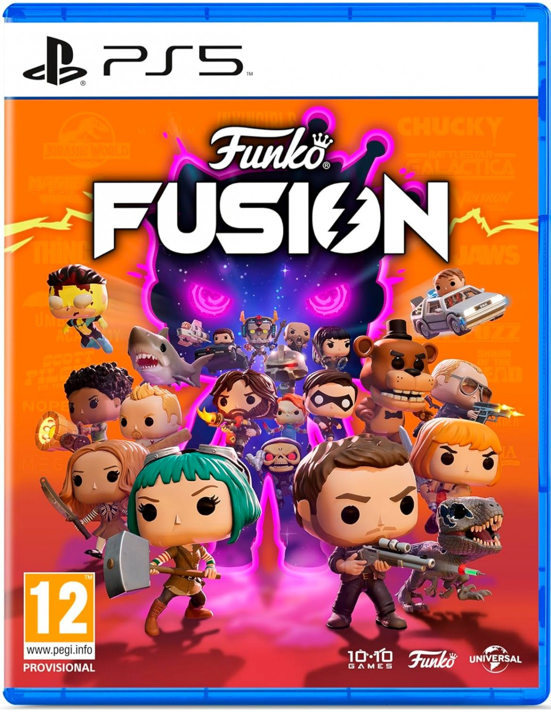 Portada del juego Funko Fusion. Se muestran personajes de varias franquicias. También son visibles el logotipo de PS5 y la clasificación por edad.