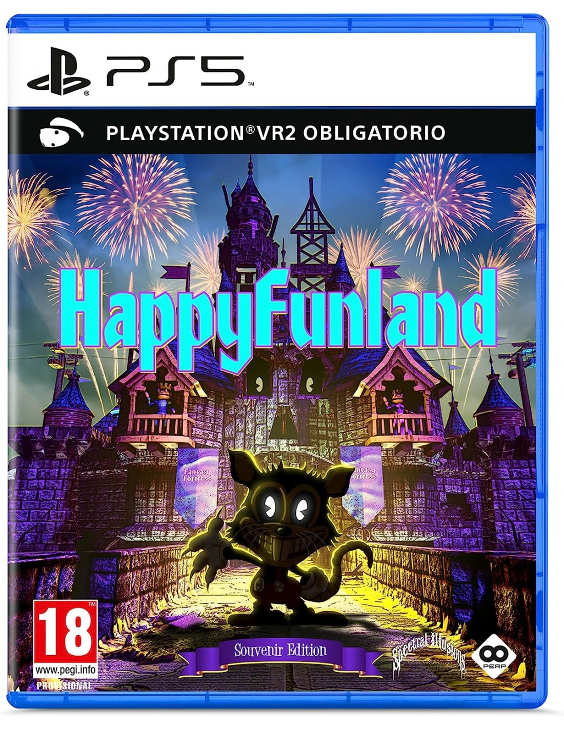 Portada del juego PS5. Presenta un castillo con fuegos artificiales y una rata de dibujos animados. El título dice 'HappyFunland' con 'Souvenir Edition' debajo.