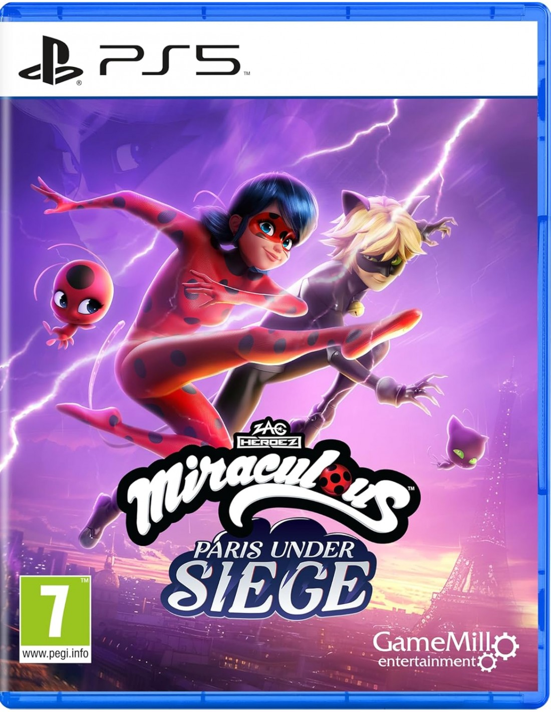 Portada del juego Miraculous: Paris Under Siege. Ladybug y Cat Noir saltan frente a un cielo púrpura con la Torre Eiffel.