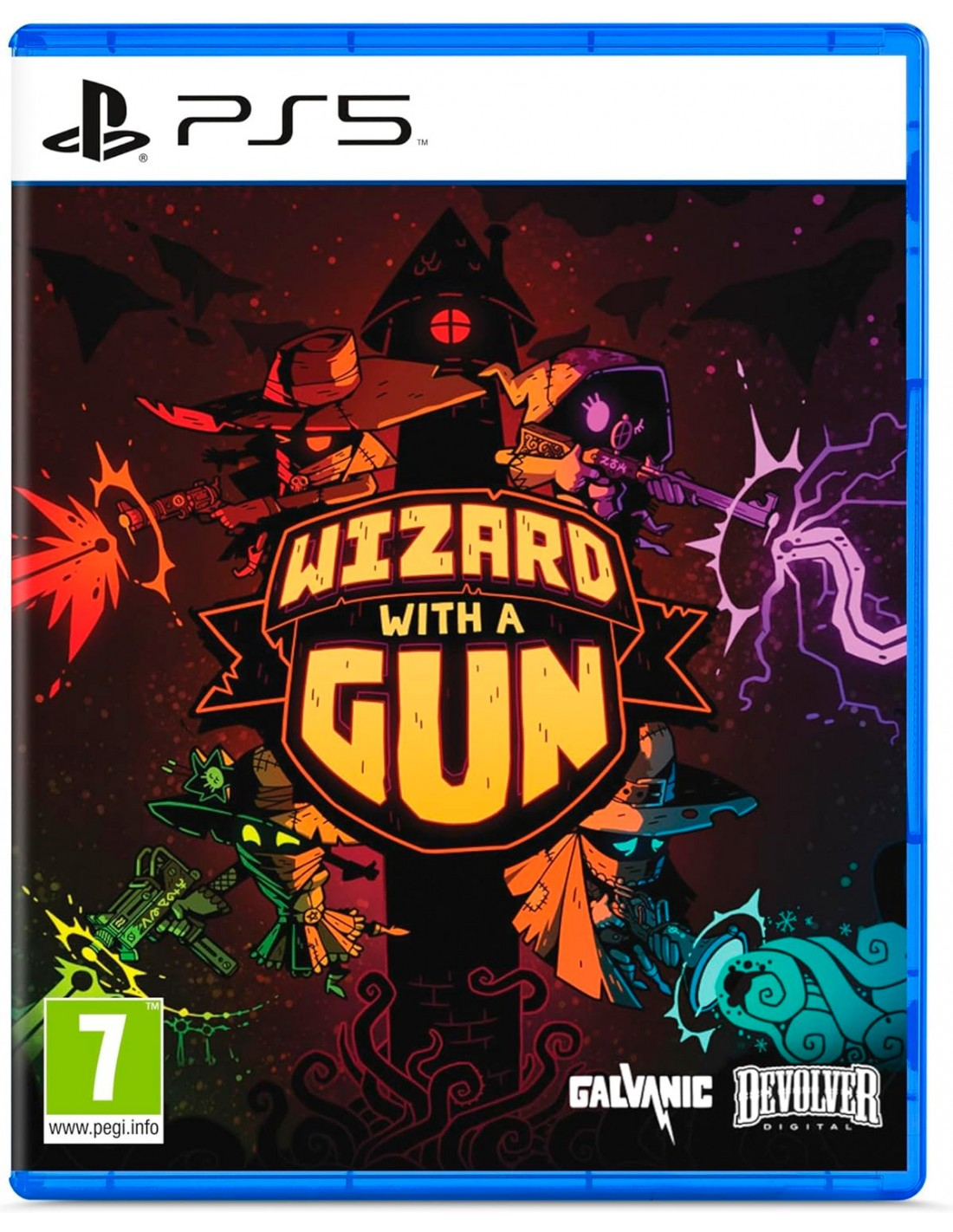 Portada del juego PS5. Título: Wizard with a Gun. Personajes con armas contra un fondo oscuro. Caja azul con calificación y logotipos.