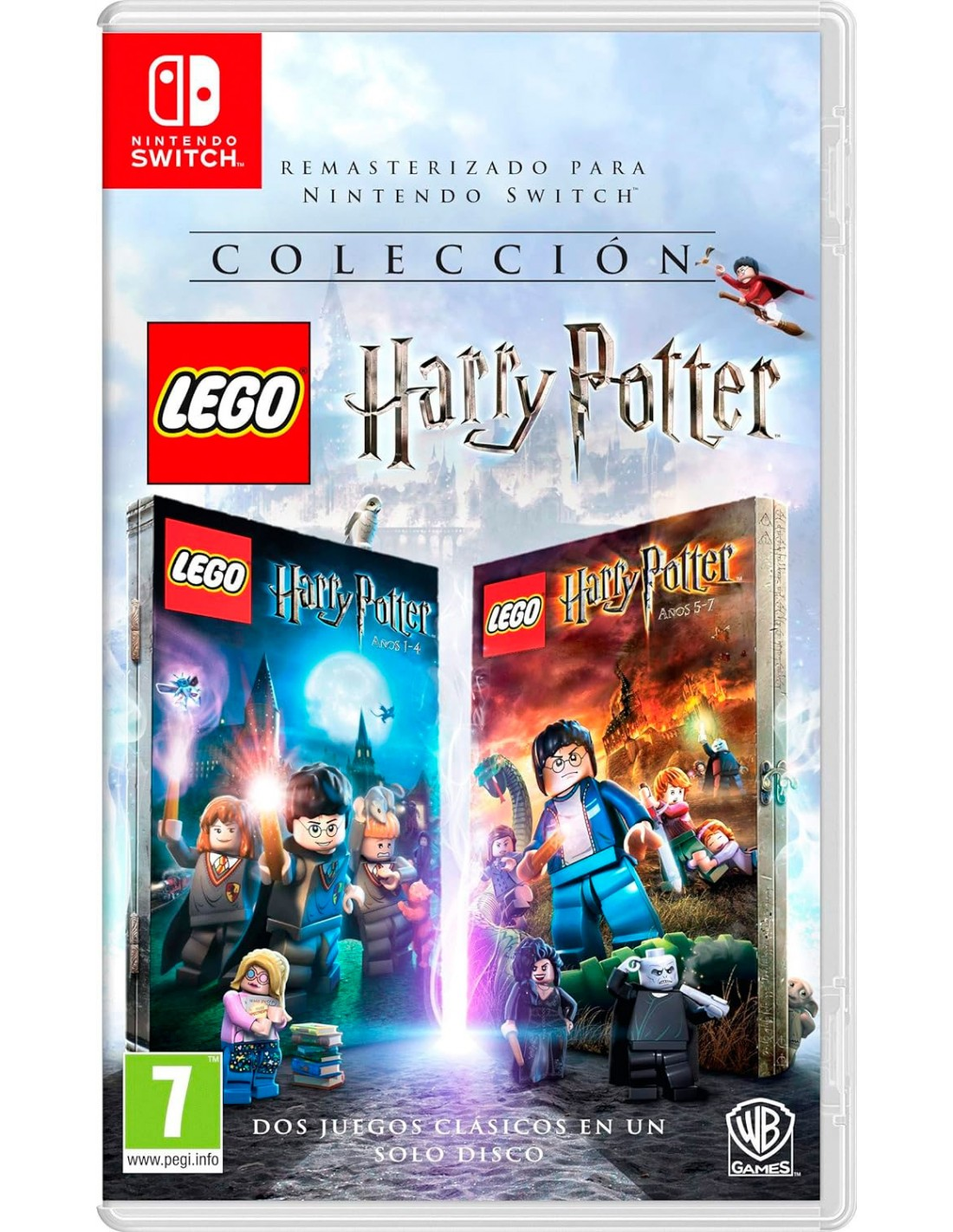 Caja del juego Lego Harry Potter. Muestra personajes Lego de las películas. La caja es para Nintendo Switch y tiene el logo de WB Games.