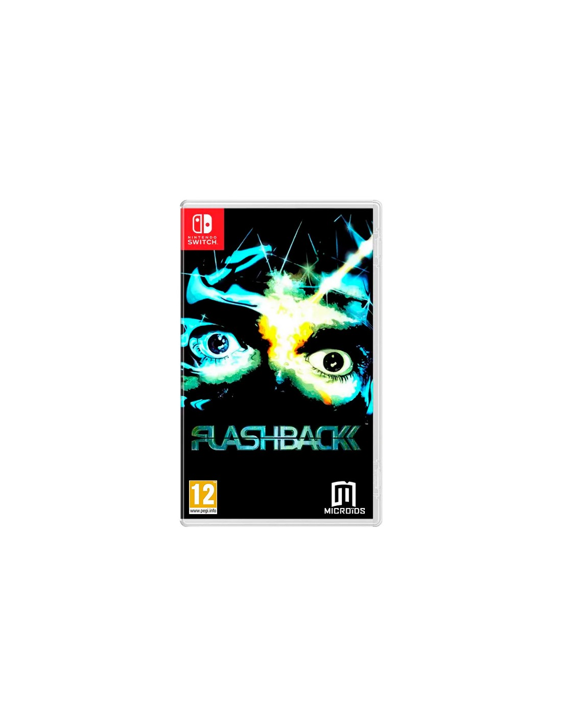 Funda de juego para Nintendo Switch. Fondo negro con ojos, título FLASHBACK y logo Switch. Incluye clasificación por edad y logo Microïds.