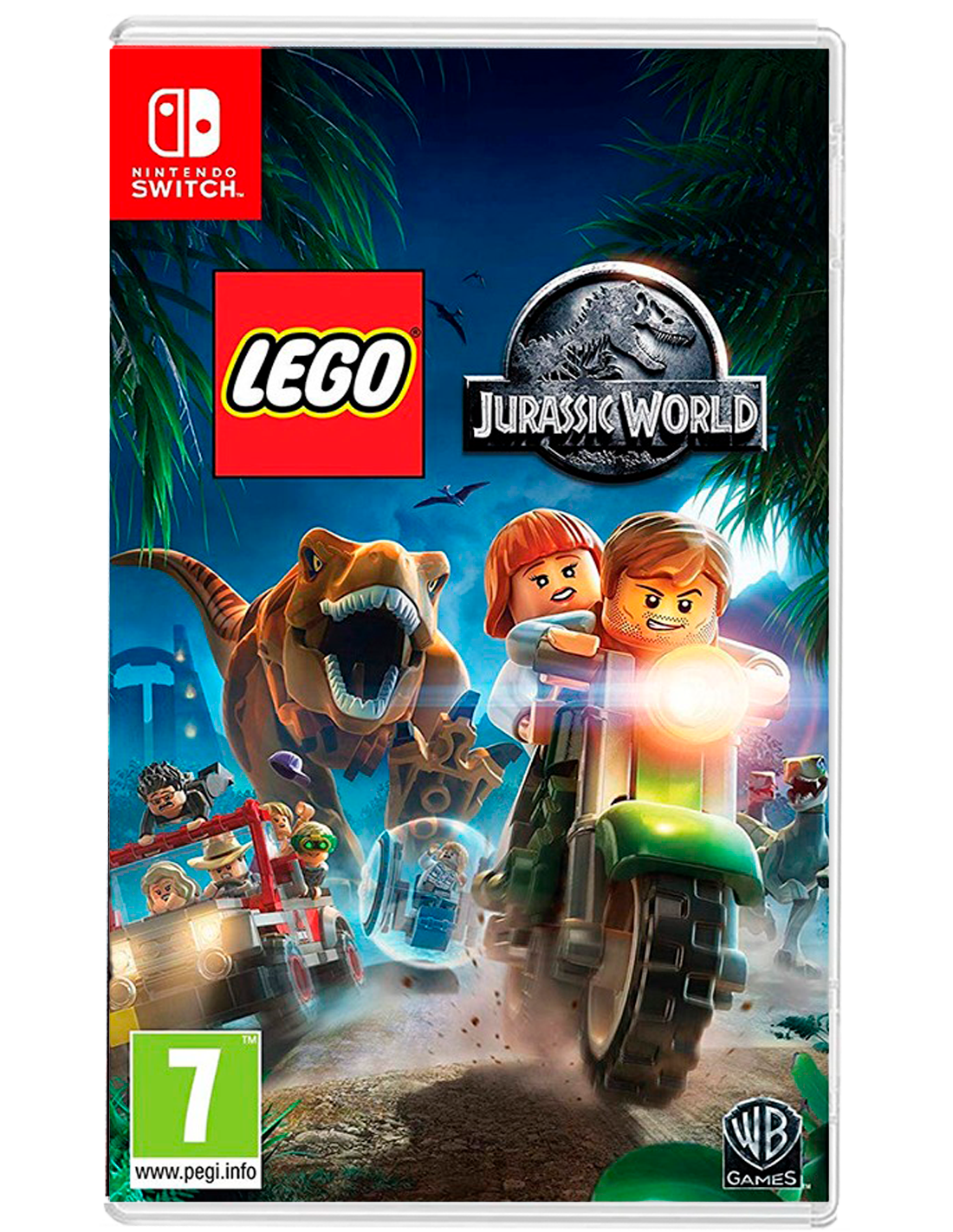 Portada del juego Lego Jurassic World. Presenta un T-Rex, una motocicleta con dos personajes y otras figuras de Lego. Logotipo de Nintendo Switch.