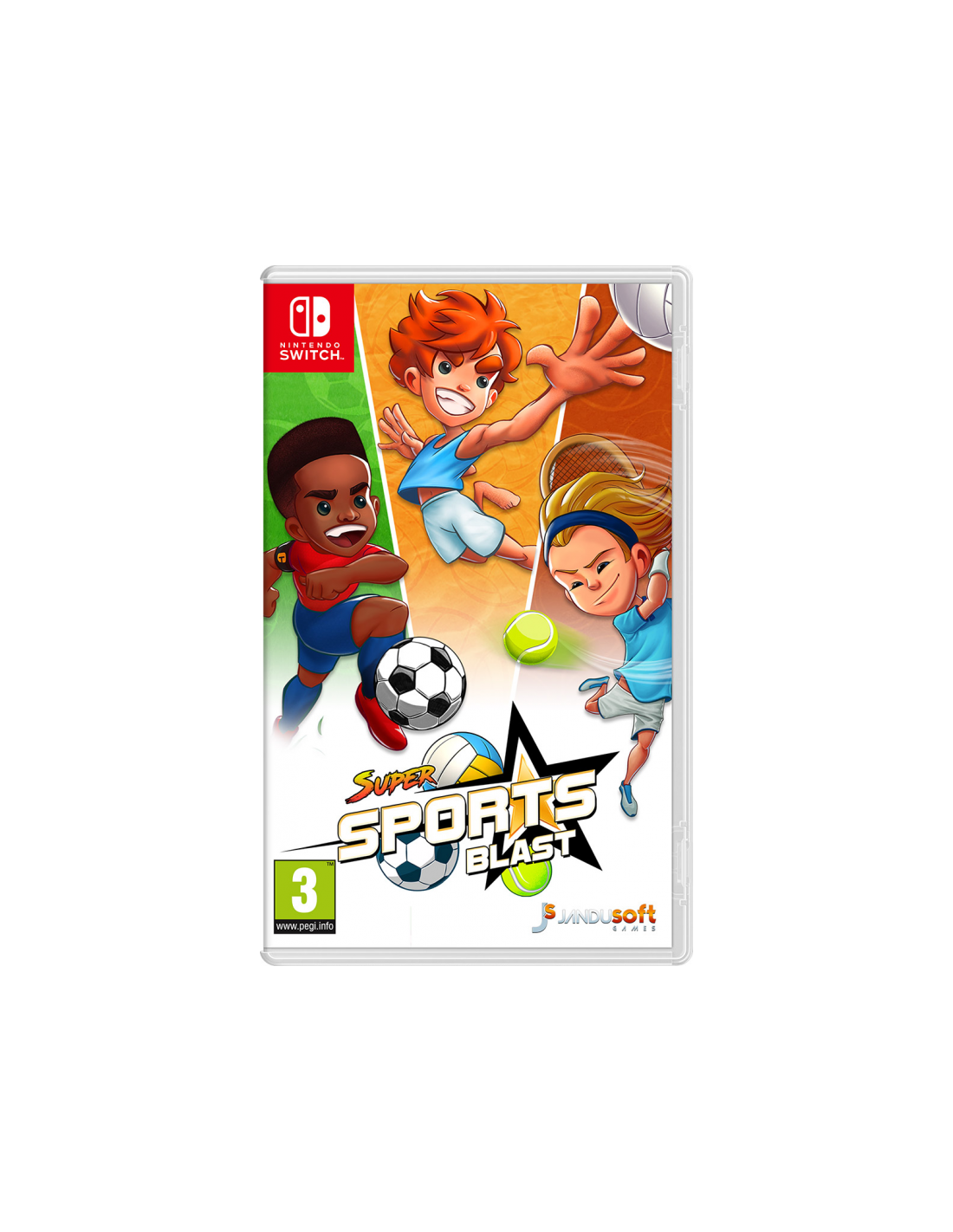 Carcasa de juego de Nintendo Switch. Figuras deportivas de dibujos animados en la portada. Balón de fútbol, voleibol, pelotas de tenis y el título del juego.