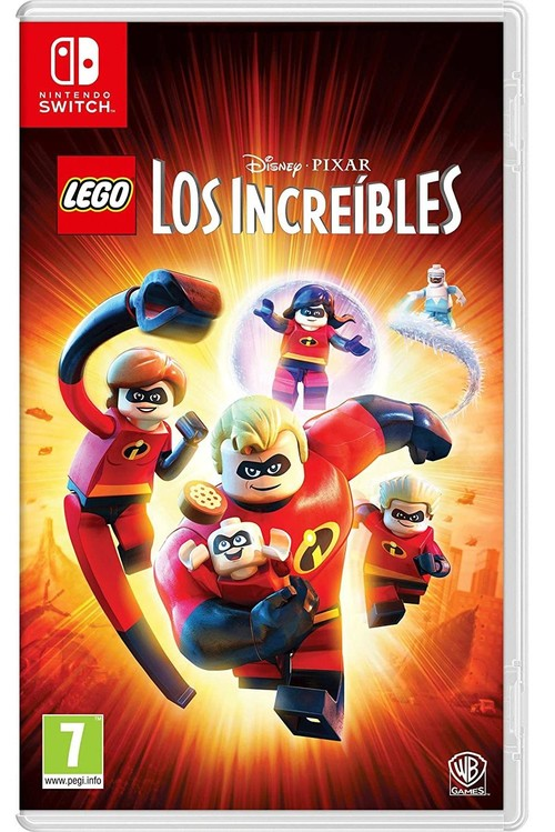 Portada del juego Lego Incredibles. Se muestra la familia Incredibles, con un fondo de rayas rojas y naranjas.