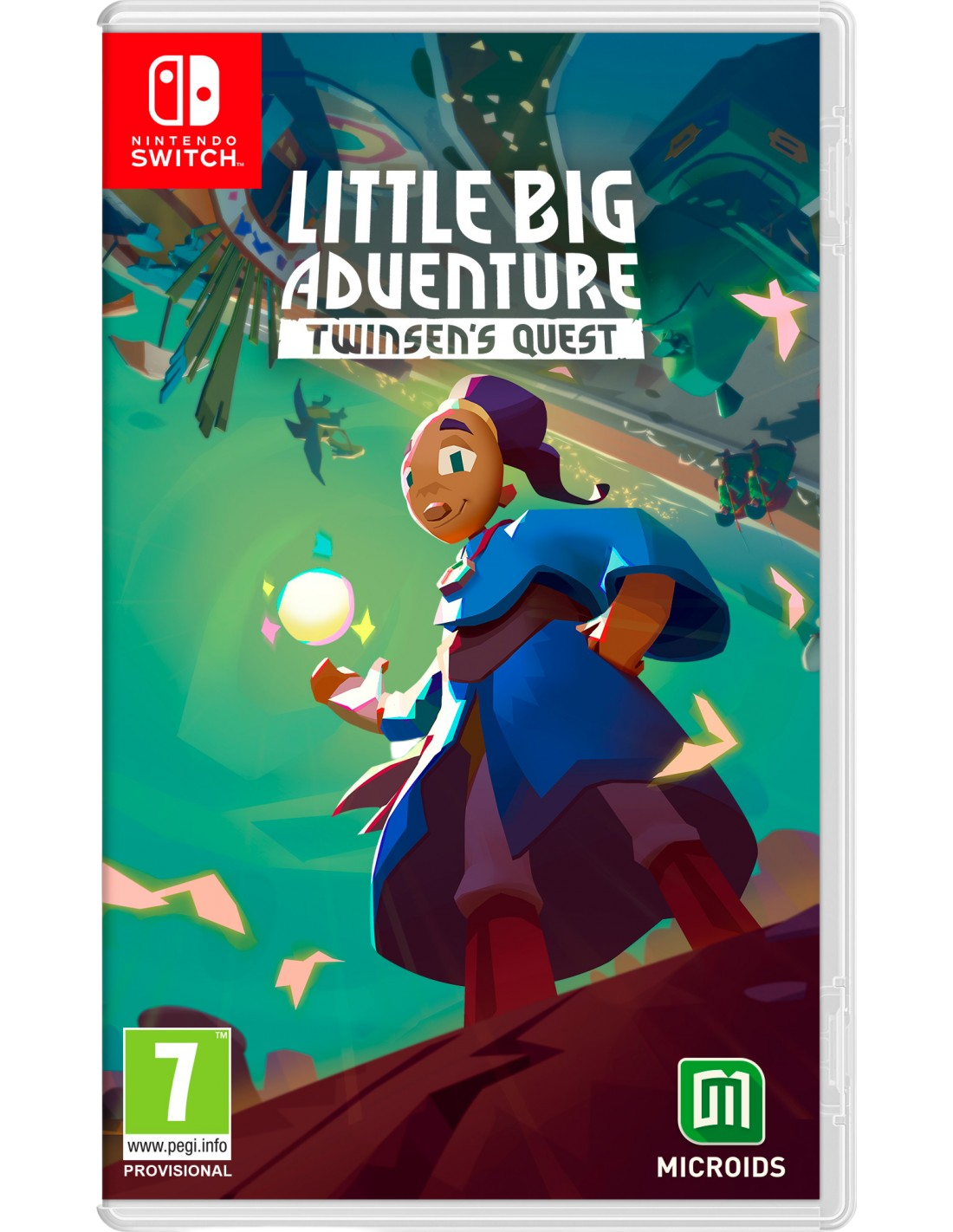 Portada del juego Little Big Adventure. Un personaje con capa azul sostiene un orbe brillante. Fondo verde con texto.