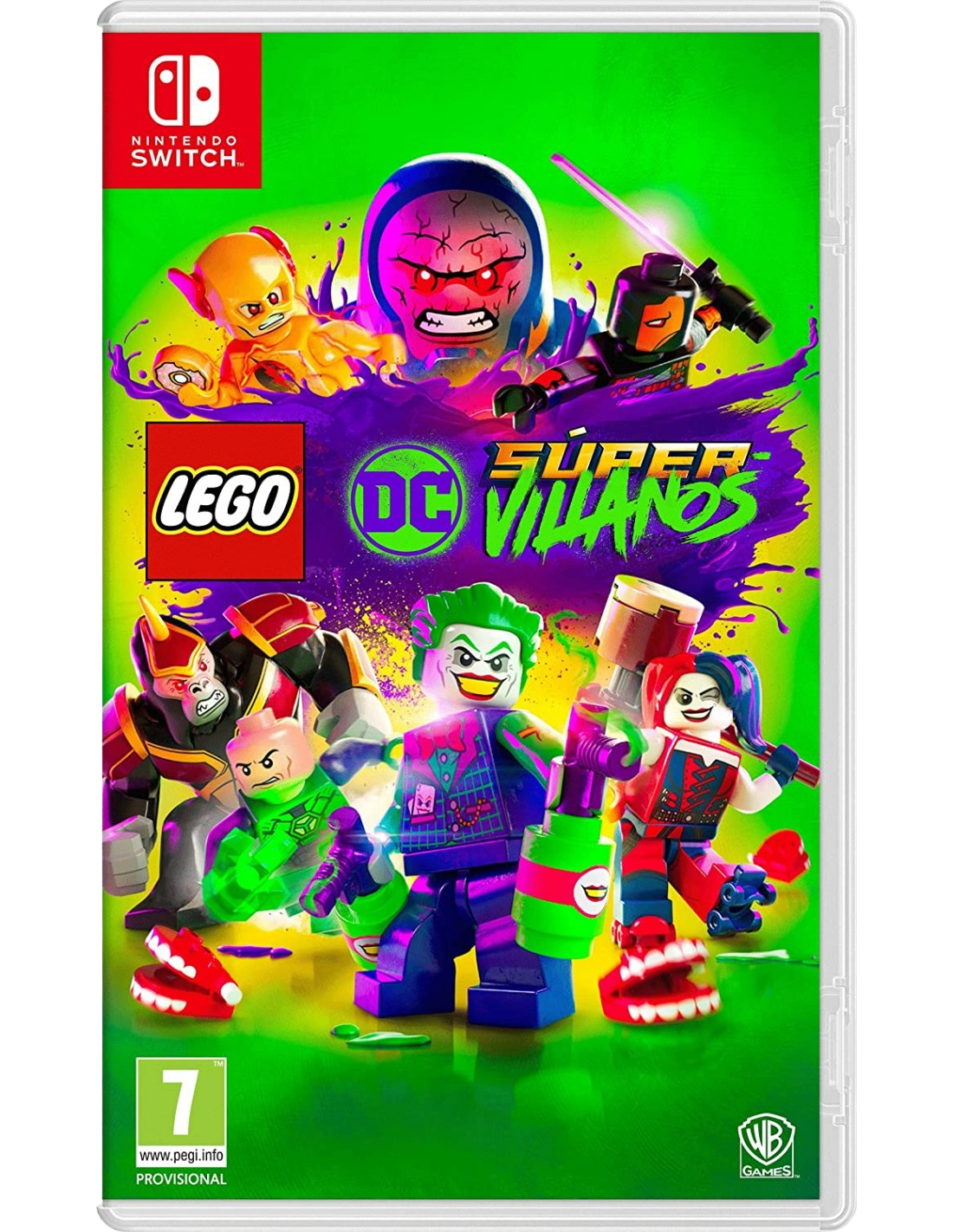 Portada del juego Lego DC Super Villanos. Joker, Harley Quinn y otros villanos. El logo de Nintendo Switch está arriba.