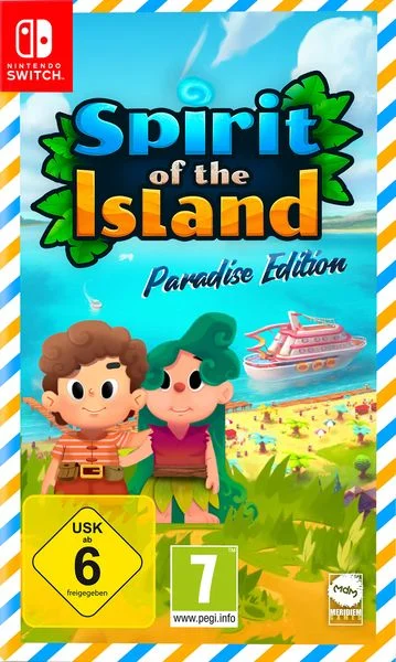 Portada del juego. Dos personajes de dibujos animados están en una isla. Título: Spirit of the Island. Un barco y una playa al fondo.