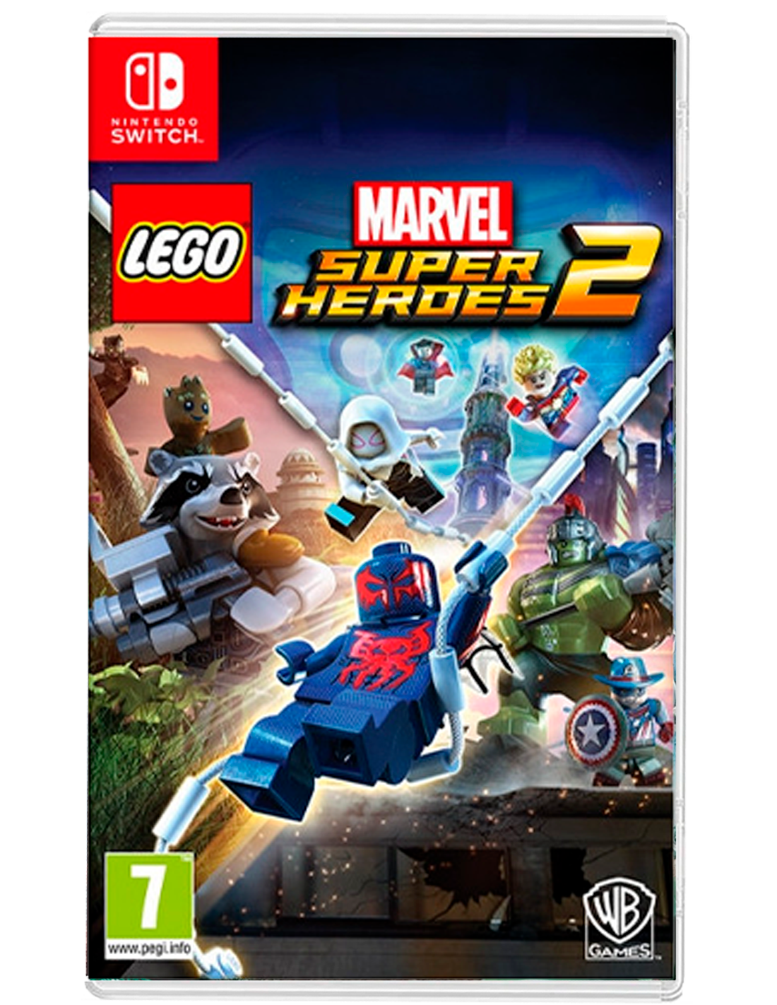 Portada del juego Lego Marvel Super Heroes 2. Los personajes incluyen a Spider-Man, Hulk y Rocket Raccoon. Logotipo de Nintendo Switch.