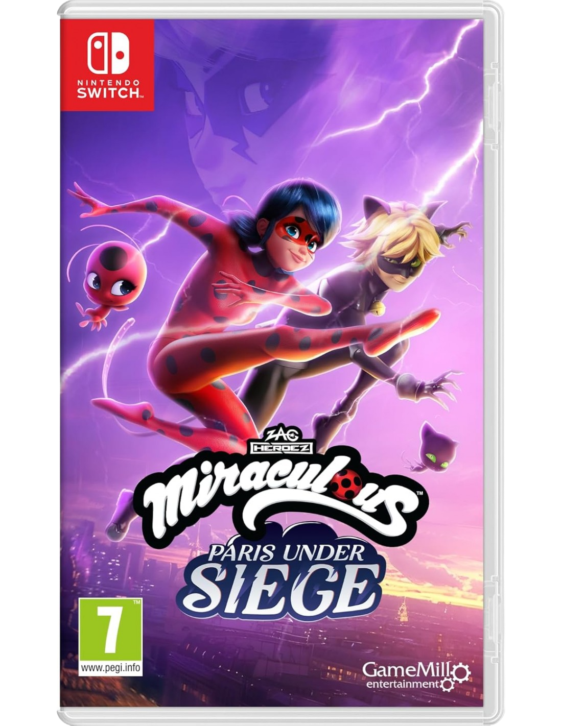 Caja del juego Nintendo Switch. Miraculous: París Bajo Asedio. Se muestran Ladybug, Cat Noir y una criatura roja, con un fondo púrpura tormentoso.