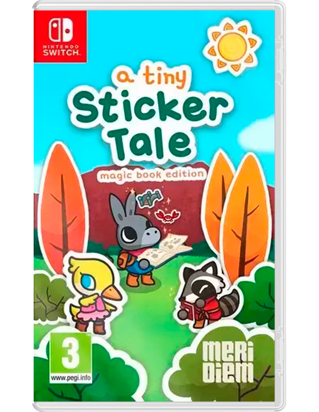 Arte de la caja del juego 'a tiny Sticker Tale'. Presenta animales de dibujos animados en un entorno forestal, con un sol y el logo de Nintendo Switch.