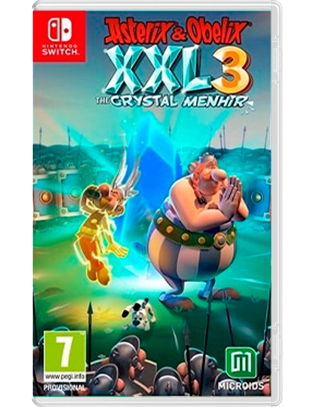 Portada del juego Asterix & Obelix XXL3. Obelix reza, Asterix vuela. Un perro está de pie. Título arriba, clasificación de edad abajo.