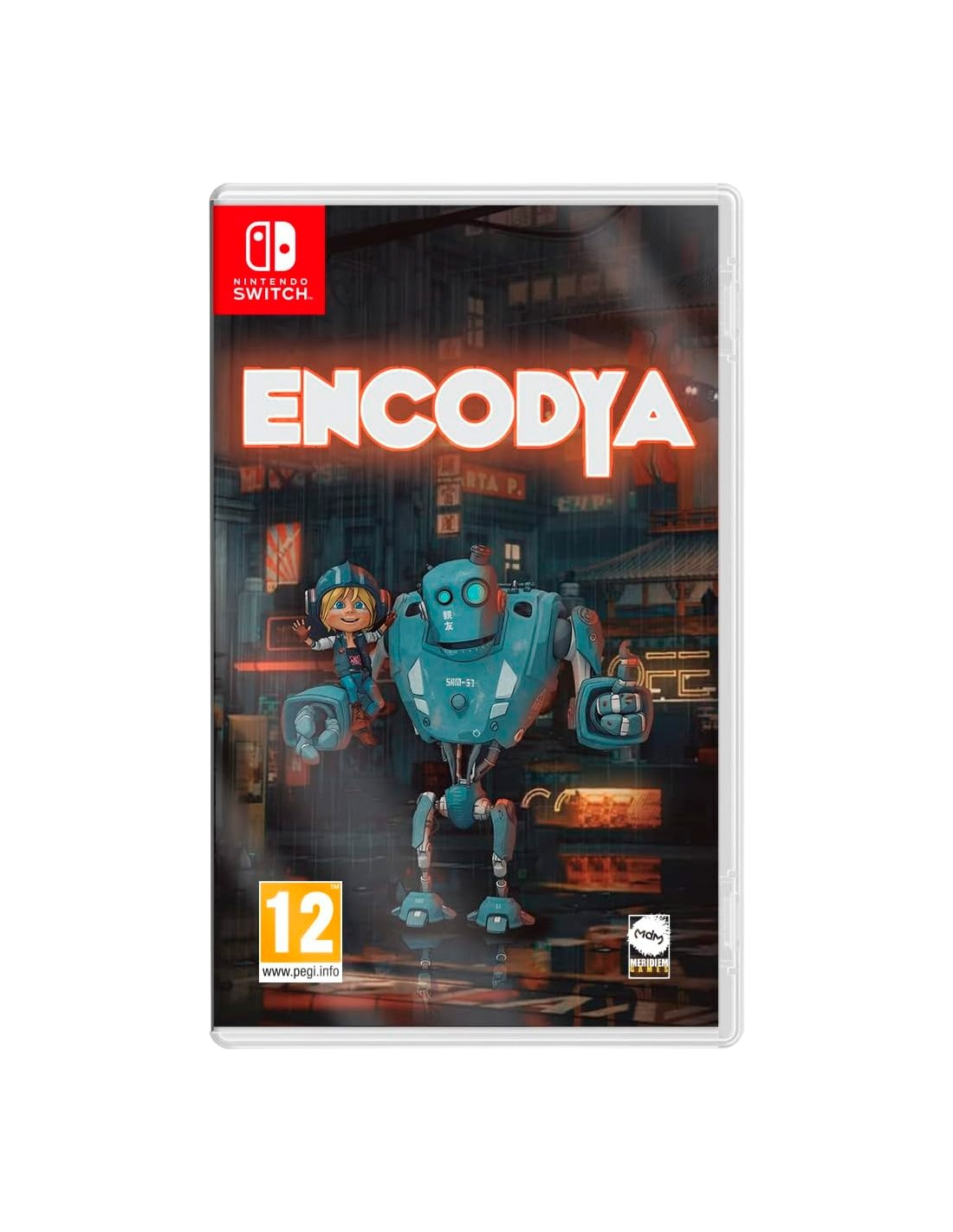 Funda del juego Encodya para Nintendo Switch. Un niño y un robot frente a un paisaje urbano futurista. El título del juego es de neón.
