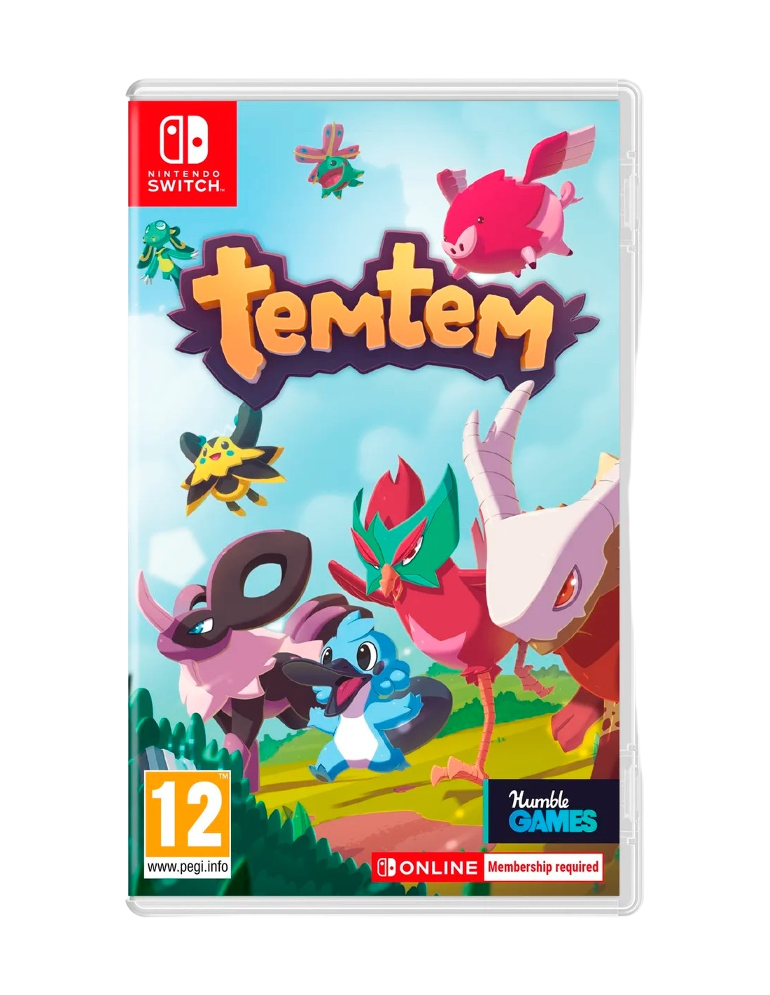 Portada del juego Temtem. Presenta criaturas coloridas y un logotipo estilizado. Incluye el logotipo de Nintendo Switch y la marca Humble Games.