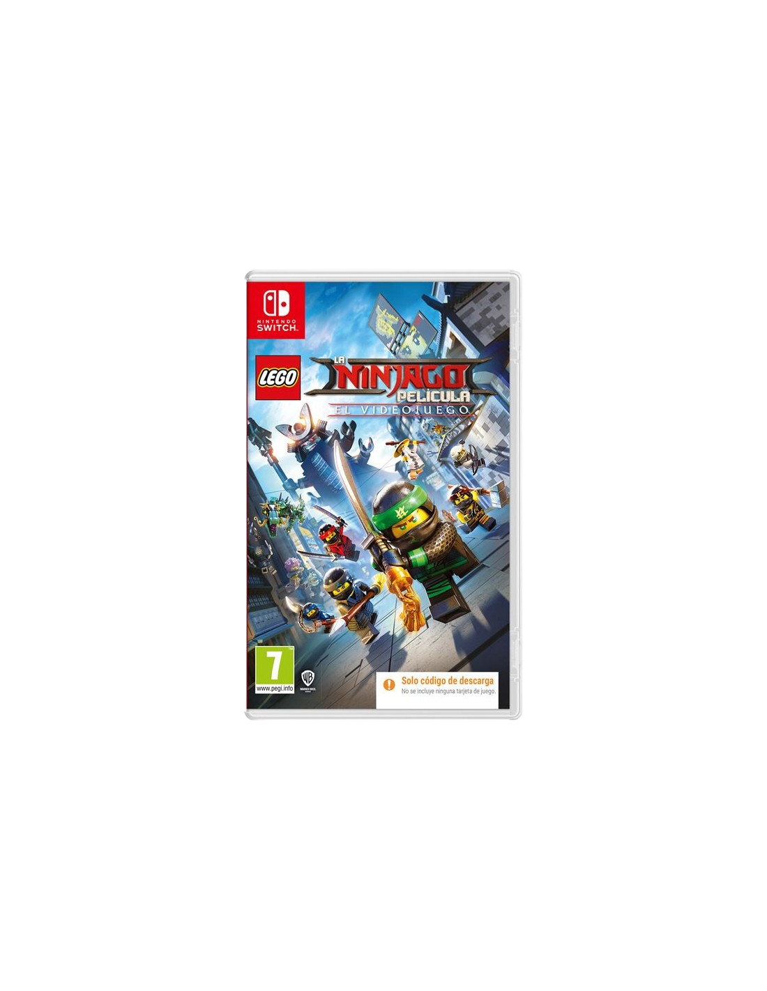 La carátula del videojuego 'La Lego Ninjago Película' para Nintendo Switch. Presenta ninjas. El juego está clasificado para 7 años.