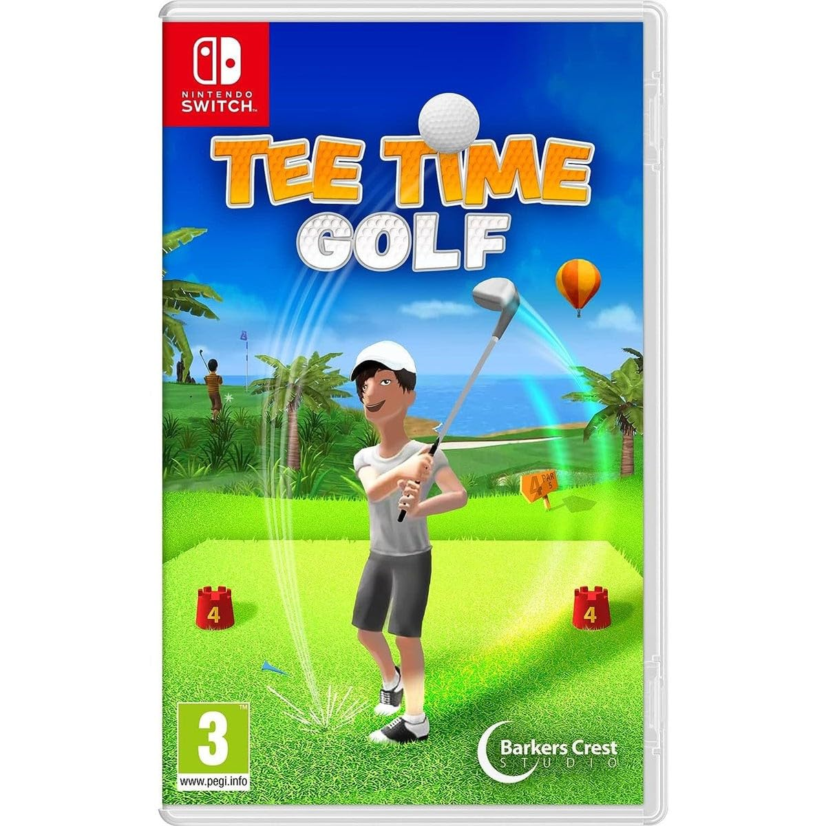 Portada del juego. Un golfista golpea una pelota de golf. El título es Tee Time Golf. Hay palmeras y un globo aerostático en el fondo.