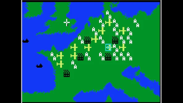 Un mapa pixelado de Europa muestra tierra verde, agua azul, aviones, edificios y marcadores de cruz.