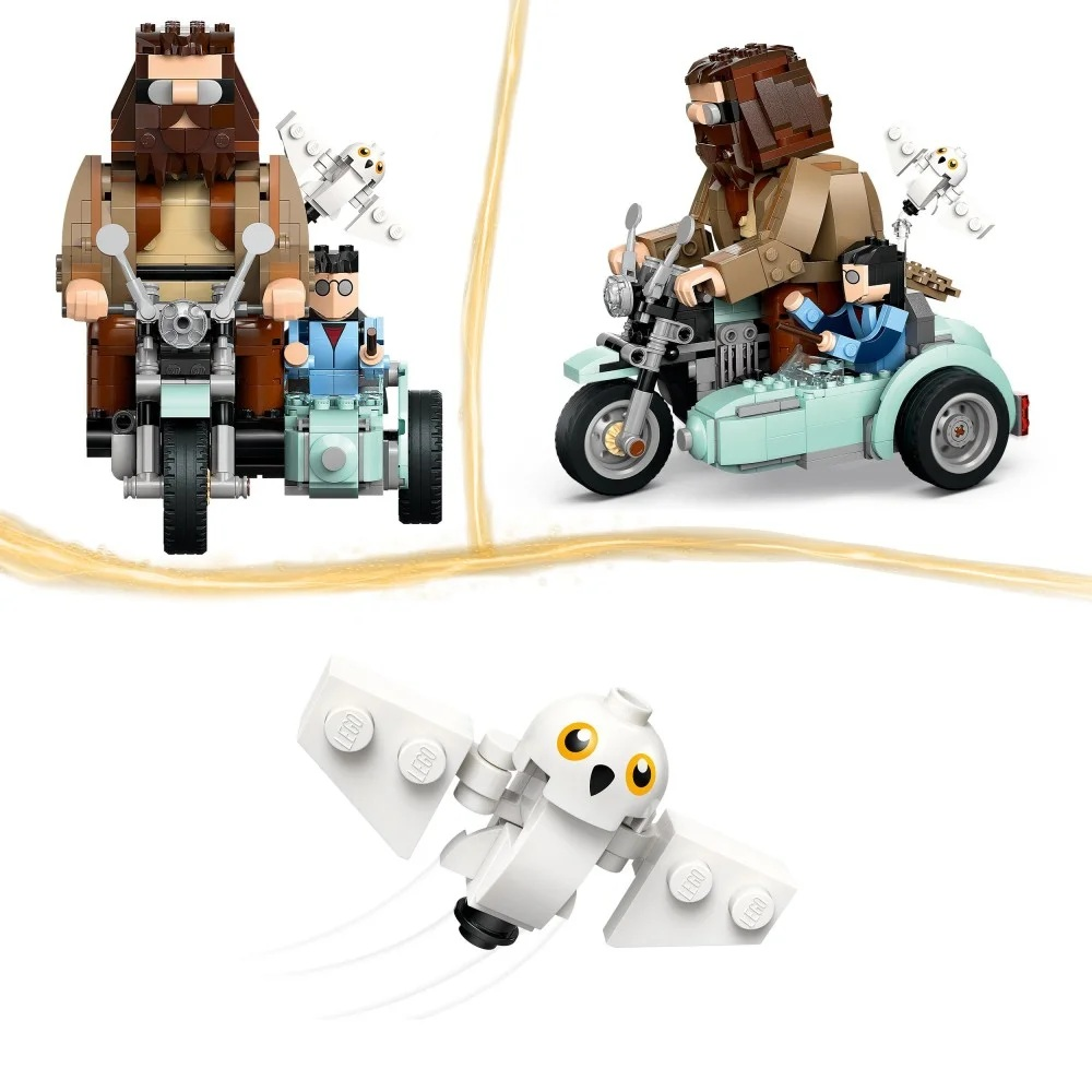 Zestaw Lego z motocyklem i bocznym wózkiem, figurkami Hagrida i Harry'ego oraz białą sową.